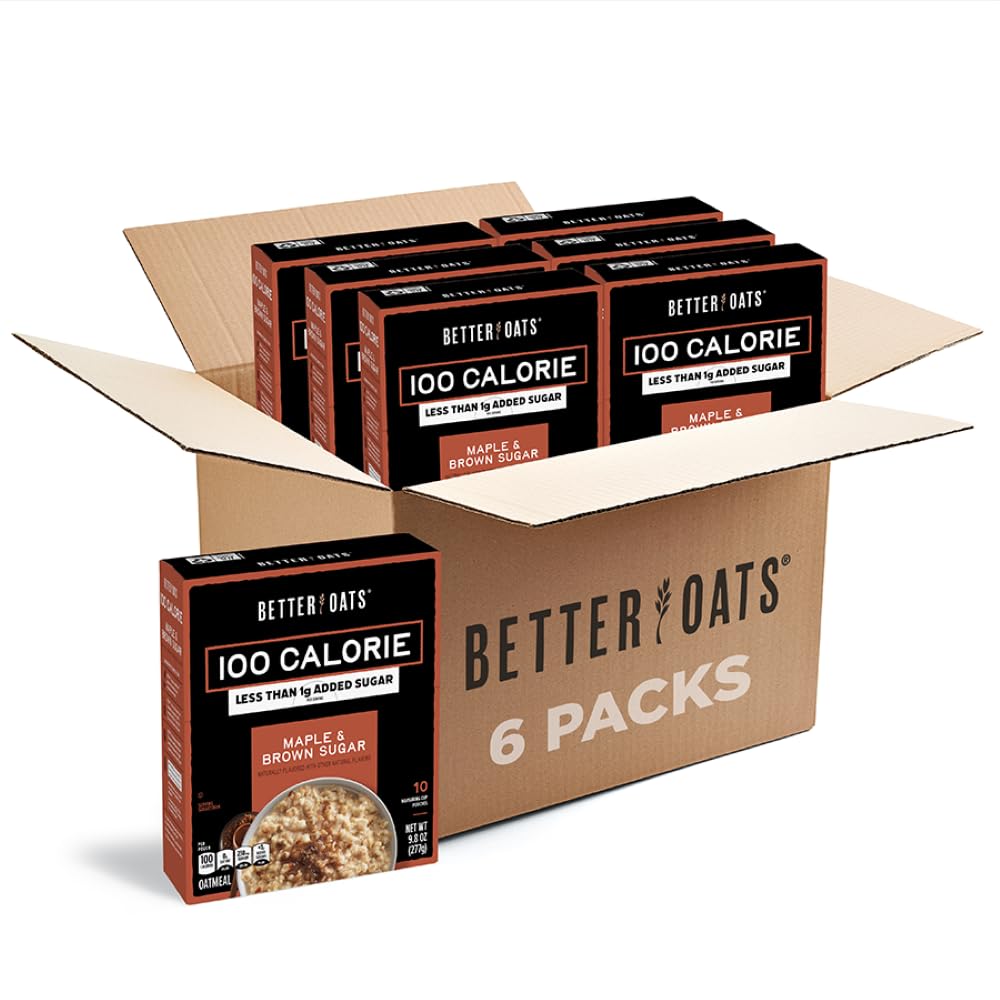 Better Oats 100 Calorie Maple & Brown Sugar Oatmeal Packets — 6 Boxes, 10 Pouches Each | Quick 90-Second Oats with Flax Seeds