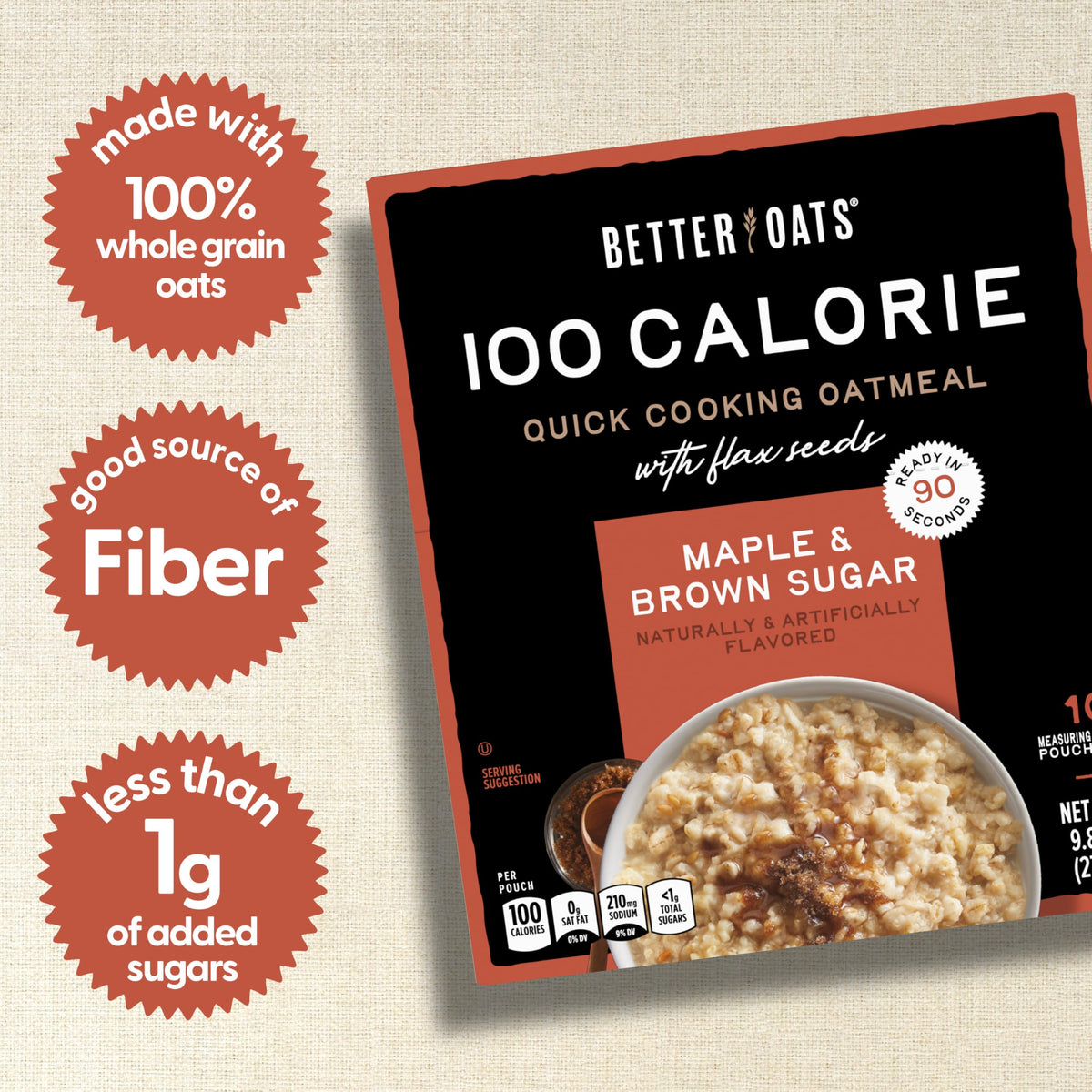 Better Oats 100 Calorie Maple & Brown Sugar Oatmeal Packets — 6 Boxes, 10 Pouches Each | Quick 90-Second Oats with Flax Seeds