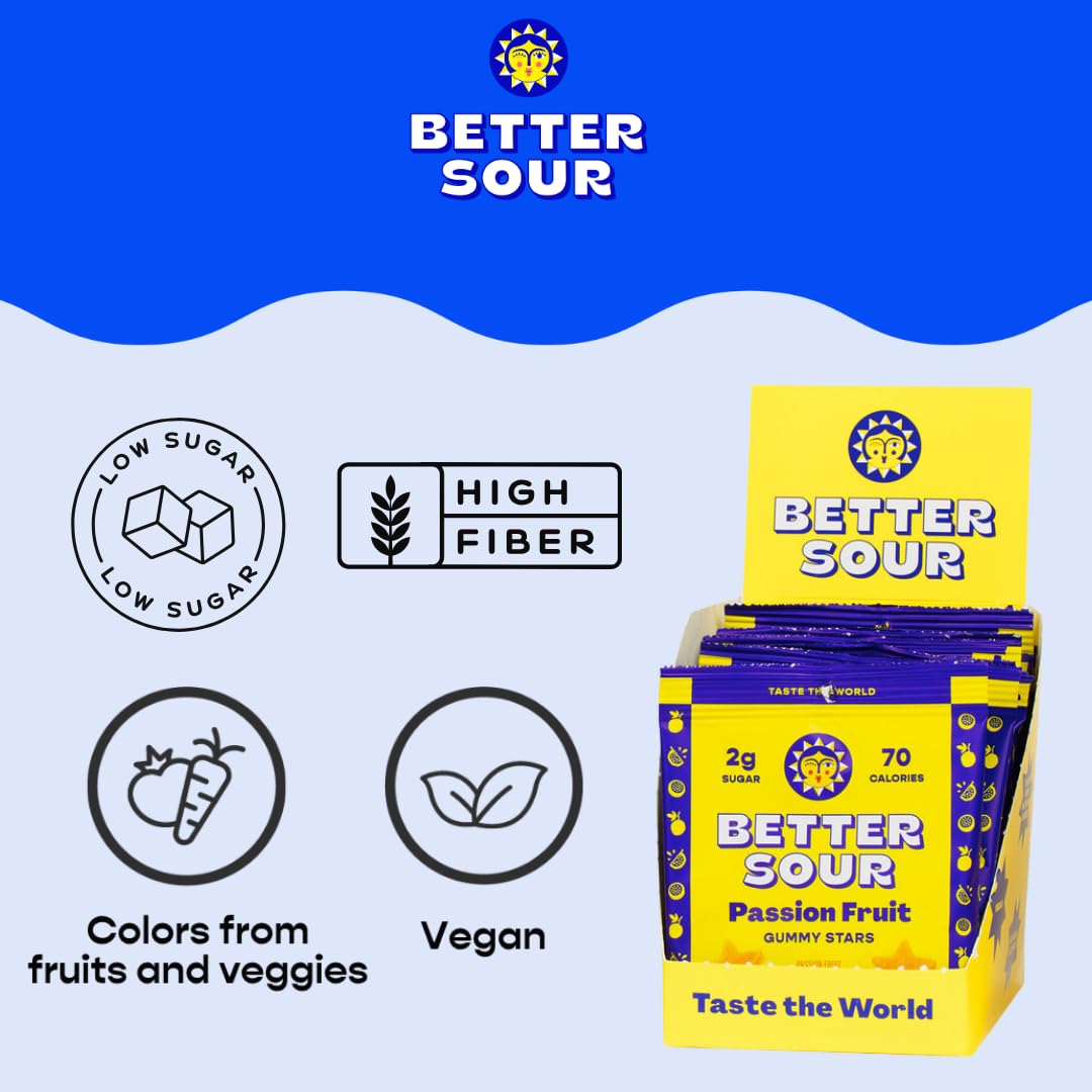 Better Sour Passion Fruit Gummy Stars – Low Sugar, Vegan, with Fiber (Pack of 10)