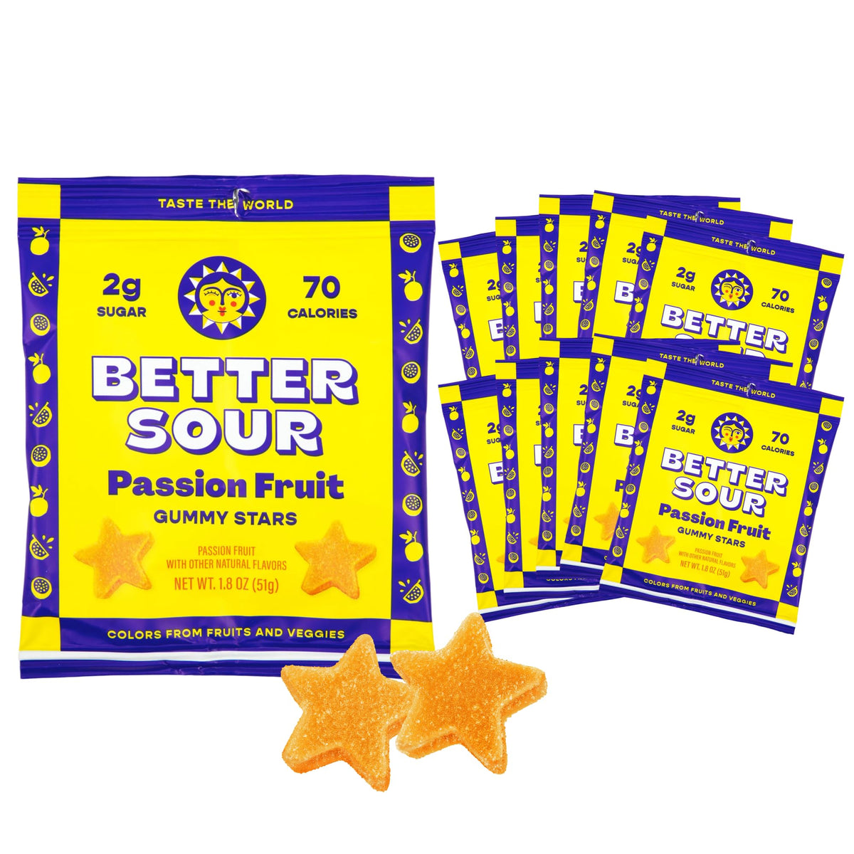 Better Sour Passion Fruit Gummy Stars – Low Sugar, Vegan, with Fiber (Pack of 10)