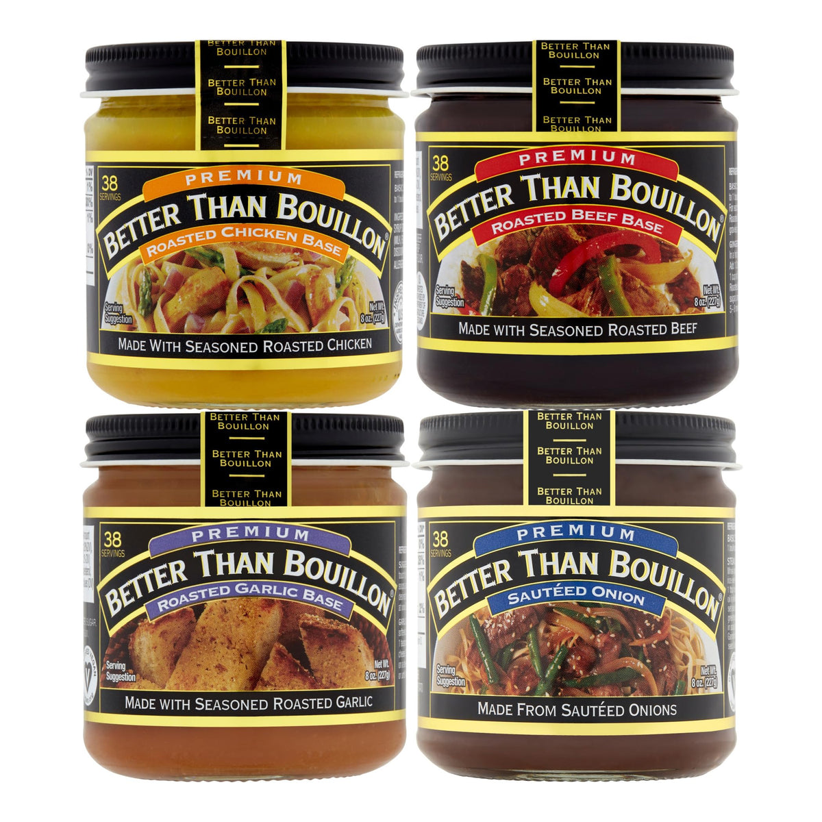 Better Than Bouillon Premium Base Variety Pack – Roasted Chicken, Beef, Garlic & Sauteed Onion (8 oz jars, Pack of 4)