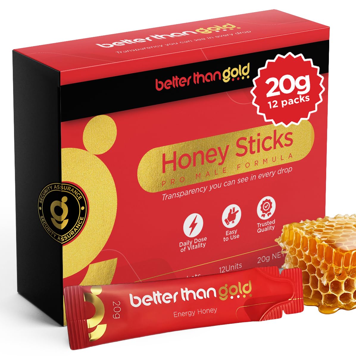 Better than Gold Honey Packets for Men – 12 Pack 20g Each | Black Ginger & Ginseng Herbal Blend | No-Spill Sachet