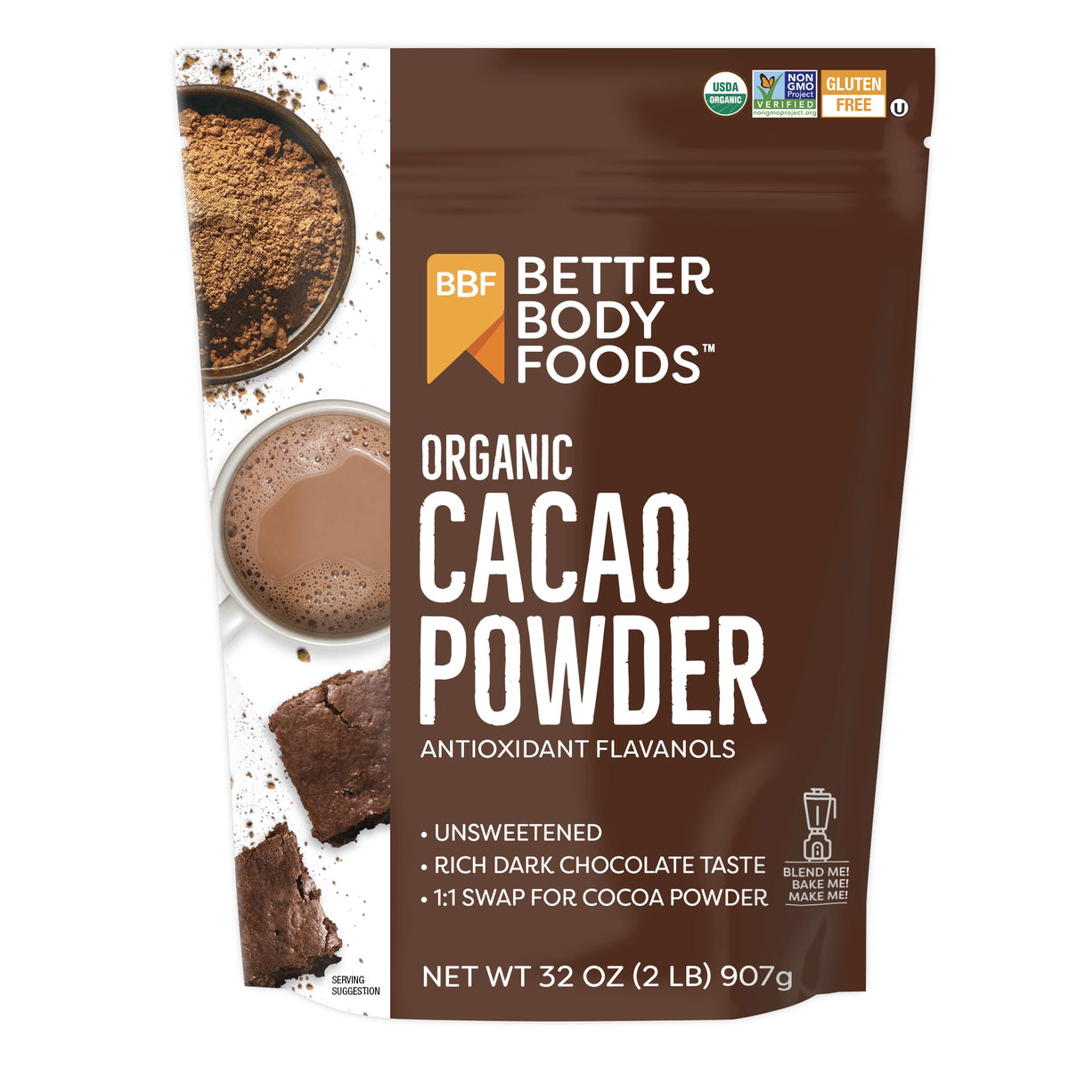 BetterBody Foods Organic Cacao Powder, Unsweetened – 32 oz, Non-GMO, Gluten-Free