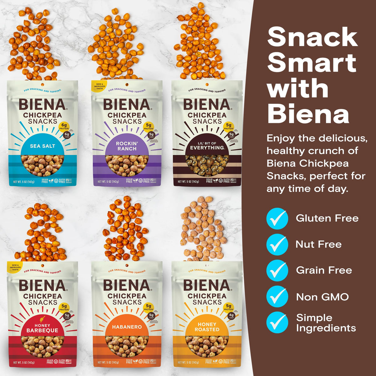BIENA Chickpea Snacks – 6-Pack Roasted Chickpeas, High Fiber Vegan Protein