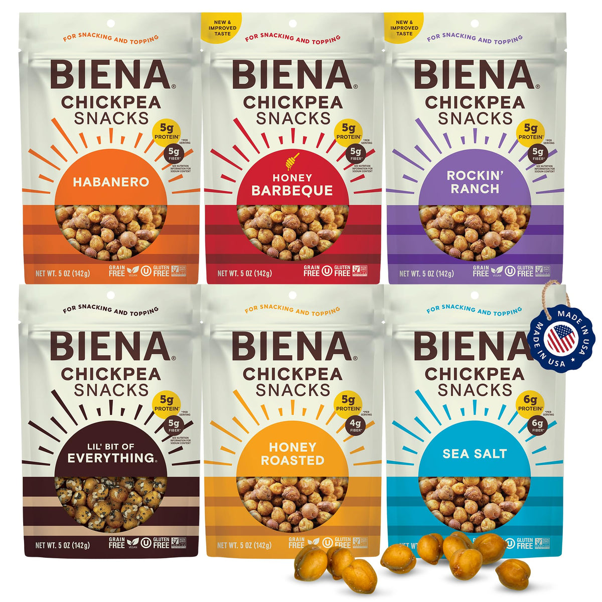 BIENA Chickpea Snacks – 6-Pack Roasted Chickpeas, High Fiber Vegan Protein