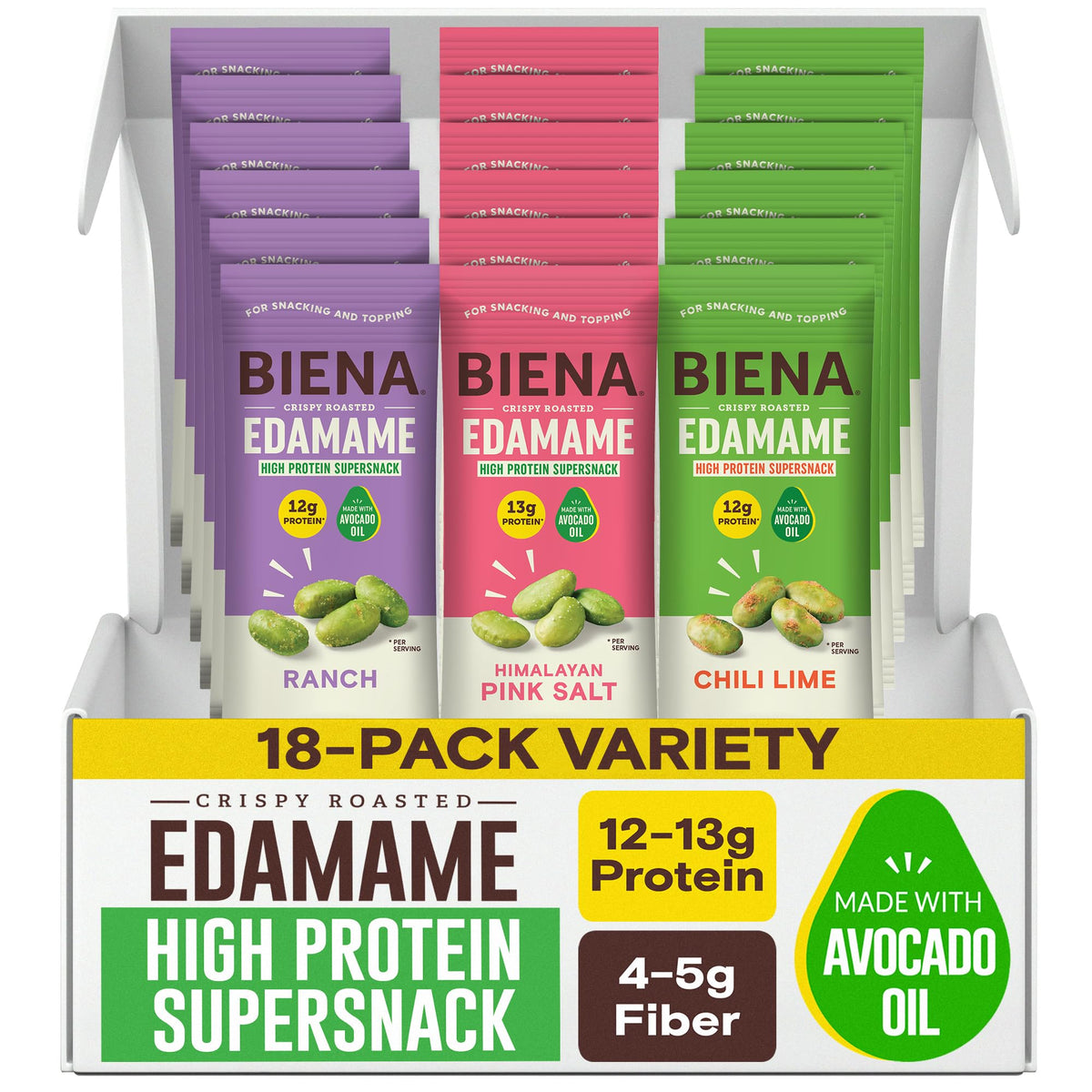 BIENA Crispy Roasted Edamame Snack — 12-13g Protein per Serving, Avocado Oil, 18-Pack Variety (Gluten-Free, Vegan)