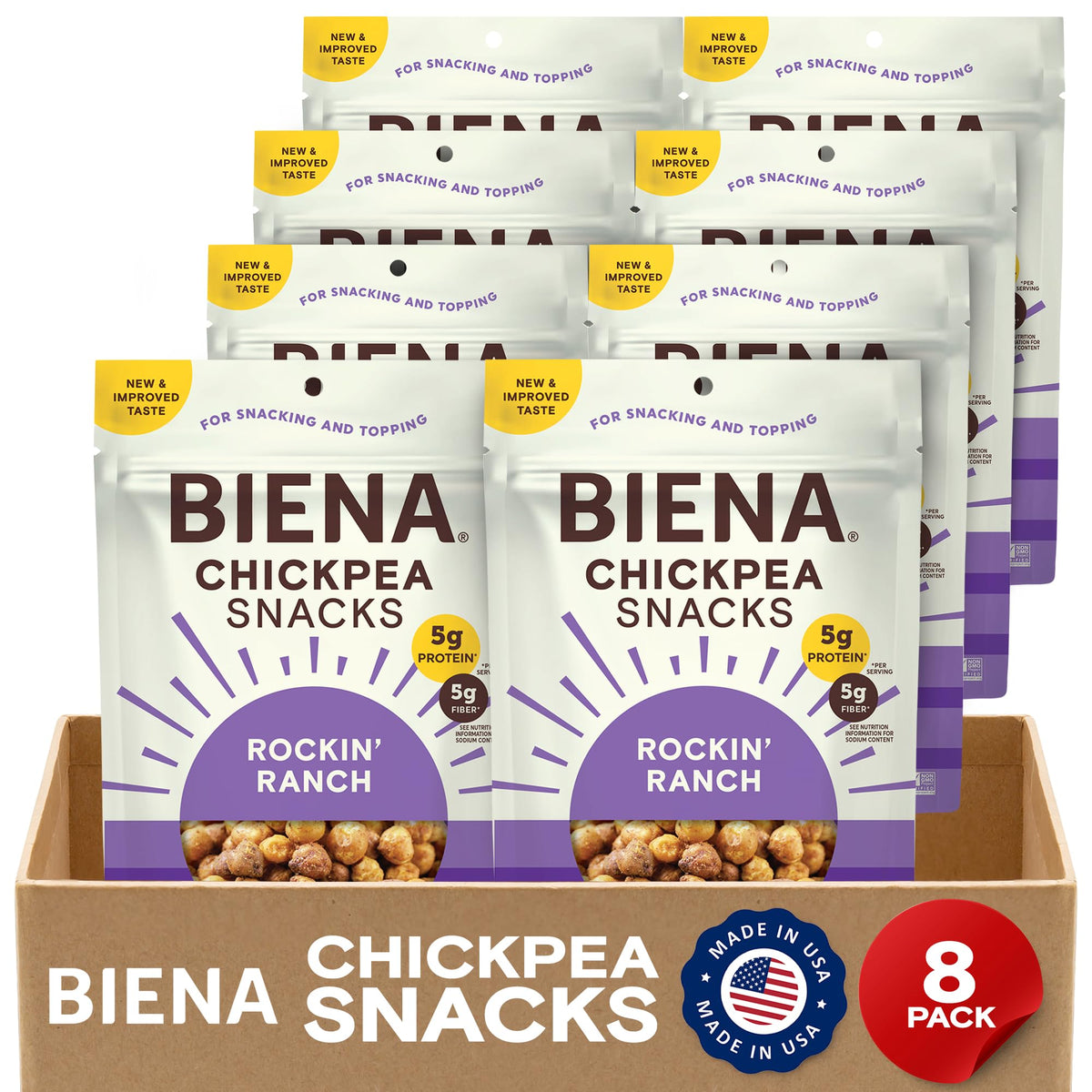 BIENA Rockin’ Ranch Chickpeas – 8-Pack Crunchy Roasted Chickpeas, High Fiber & Vegan Protein