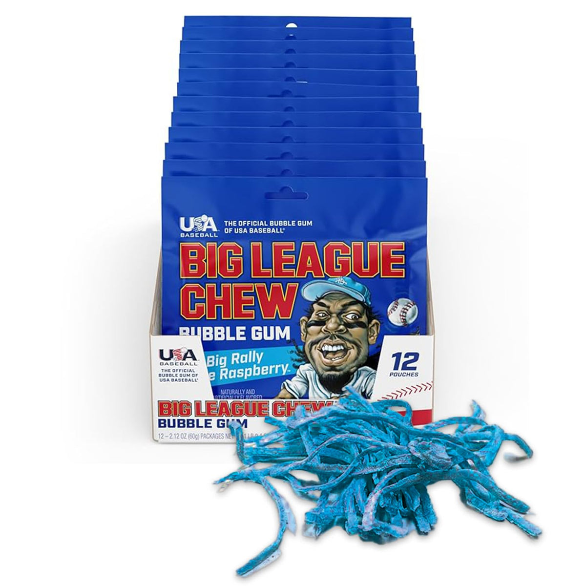 Big League Chew Big Rally Blue Raspberry Bubble Gum – Pack of 12 Bags (2.12 oz) | Ideal for Baseball Games and Concessions
