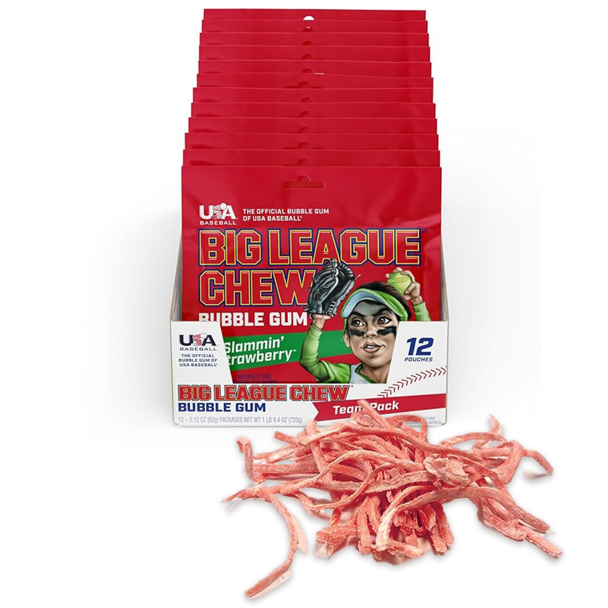 Big League Chew Slammin' Strawberry Bubble Gum – 12 Pack (2.12 oz Each) | Strawberry Flavor for Baseball, Teams & Concessions