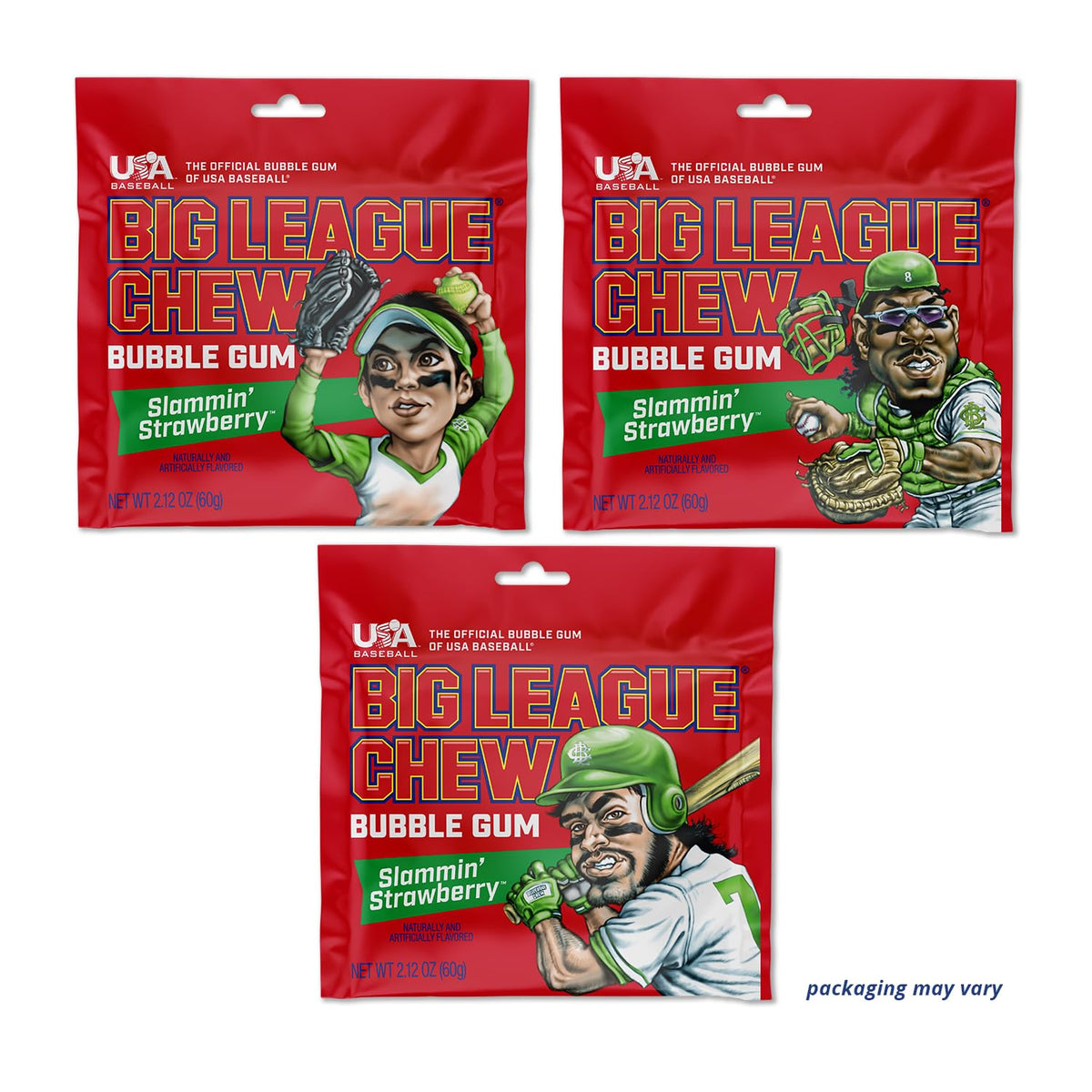 Big League Chew Slammin' Strawberry Bubble Gum – 12 Pack (2.12 oz Each) | Strawberry Flavor for Baseball, Teams & Concessions
