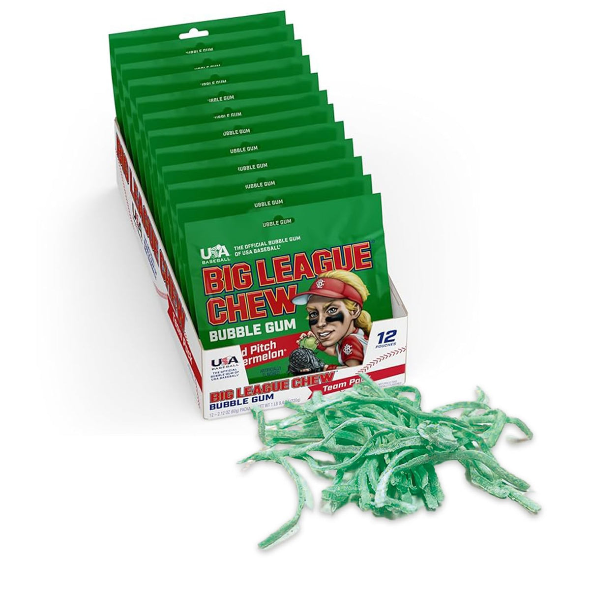 Big League Chew Wild Pitch Watermelon Bubble Gum – Juicy Watermelon Flavor Burst | Pack of 12 Bags (2.12 oz Each)