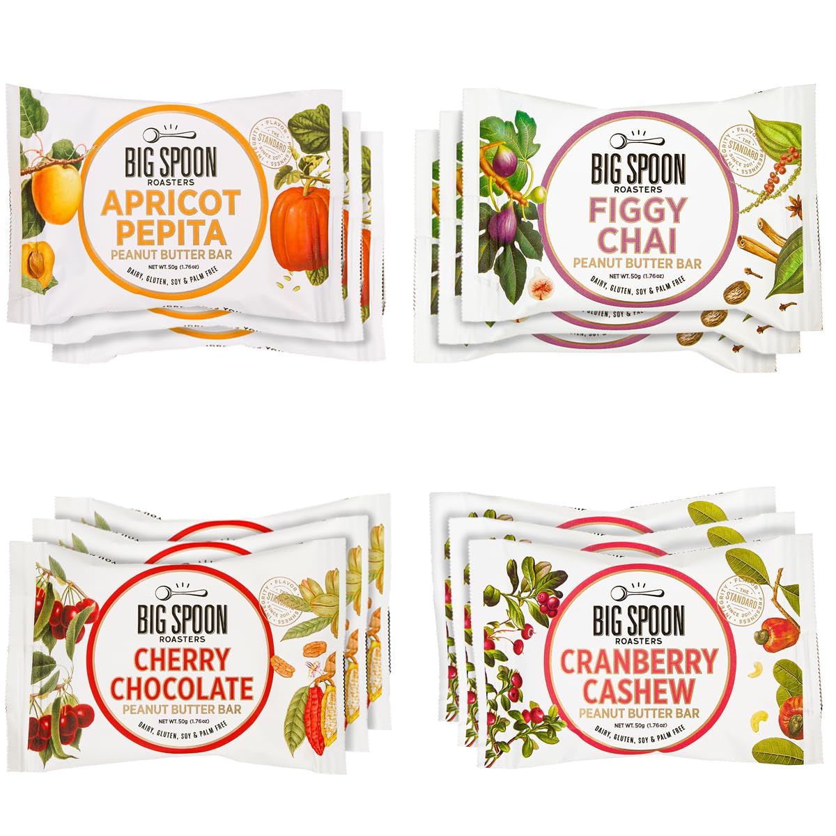 Big Spoon Roasters Nut Butter Bars Variety Pack – 12 Count (3 Each Flavor): Cherry Pecan, Apricot Pepita, Cranberry Cashew, Figgy Chai