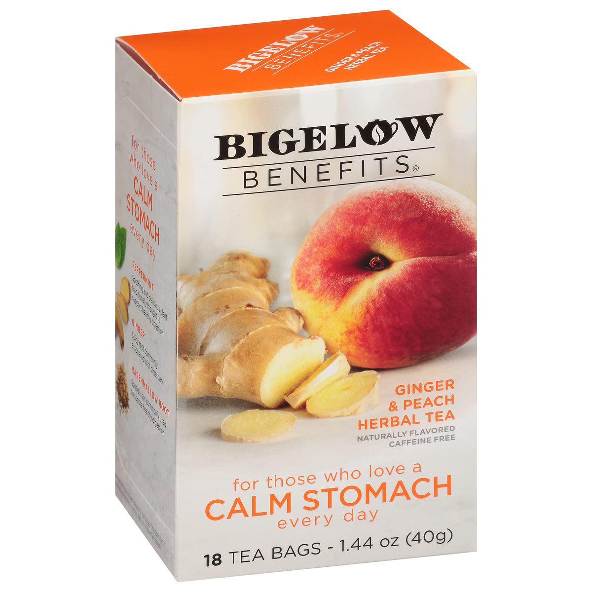 Bigelow Tea Benefits Calm Stomach Ginger Peach Herbal Tea – Caffeine Free, 108 Total Tea Bags (6-Pack)