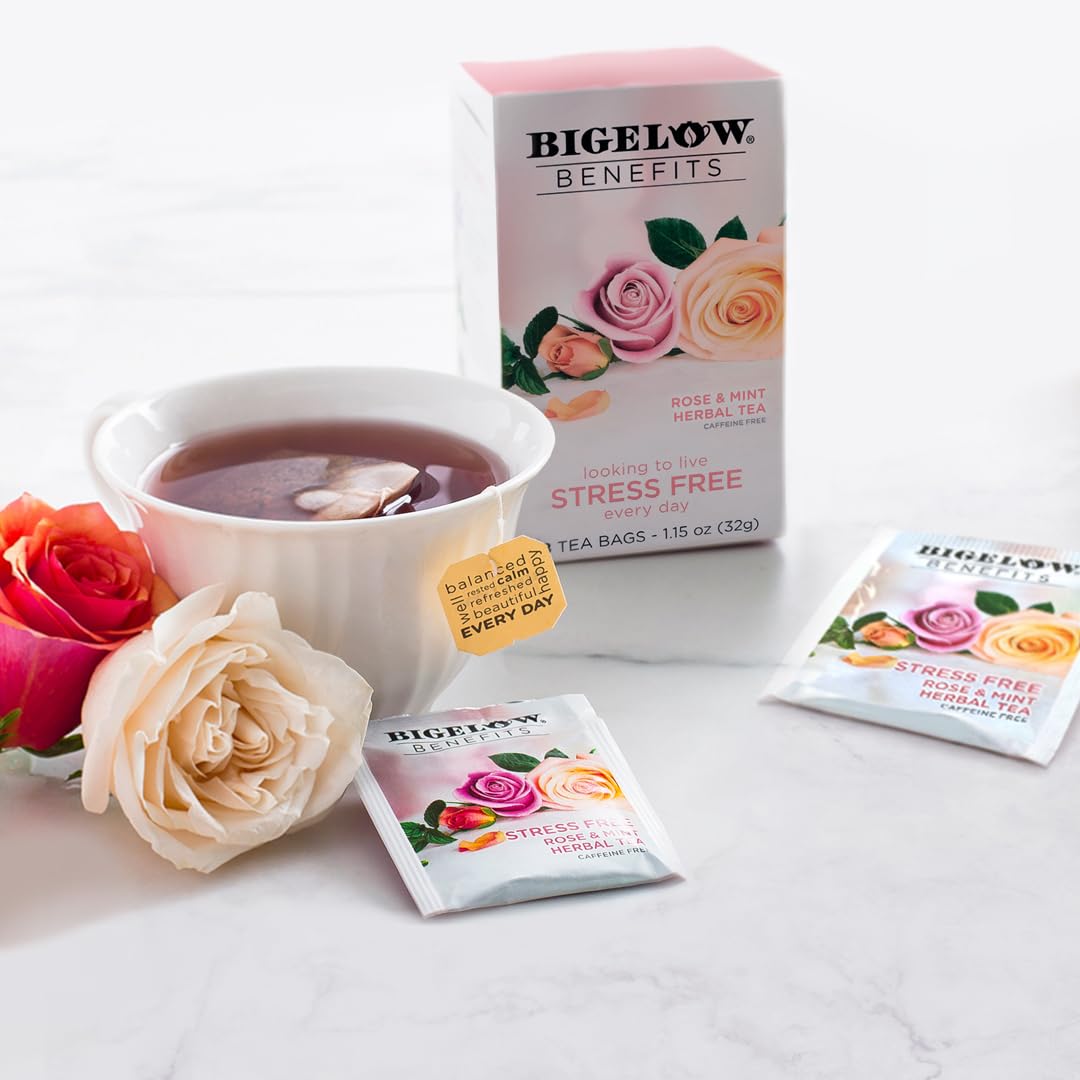 Bigelow Benefits Stress Free Rose & Mint Herbal Tea – Caffeine Free, Gluten Free, Pack of 6 (108 Total Tea Bags)
