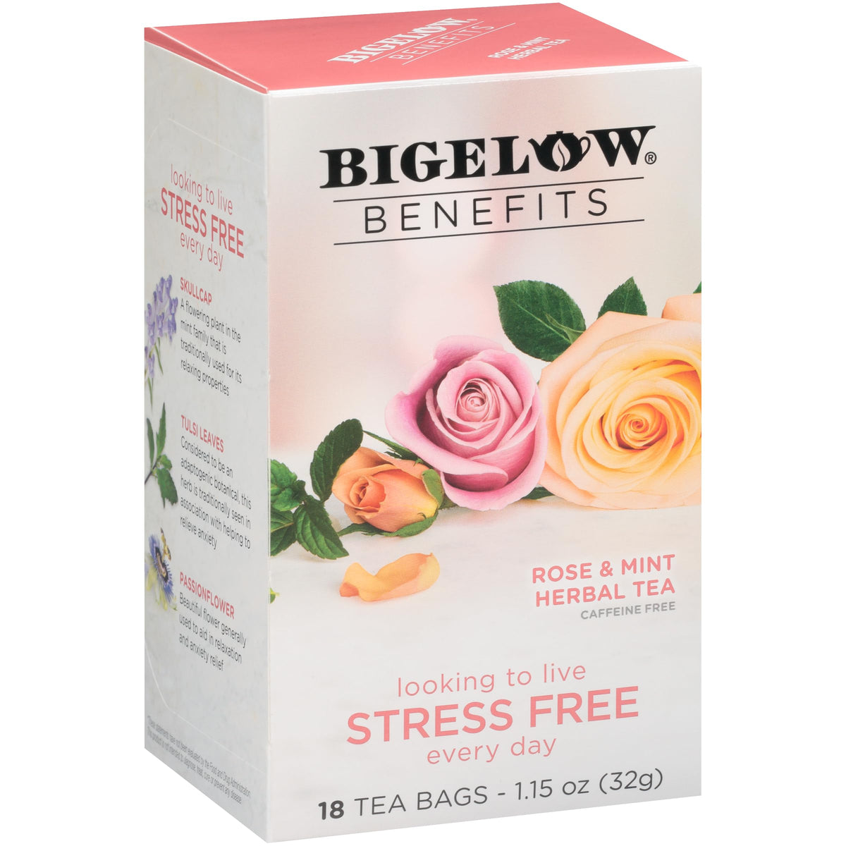 Bigelow Benefits Stress Free Rose & Mint Herbal Tea – Caffeine Free, Gluten Free, Pack of 6 (108 Total Tea Bags)
