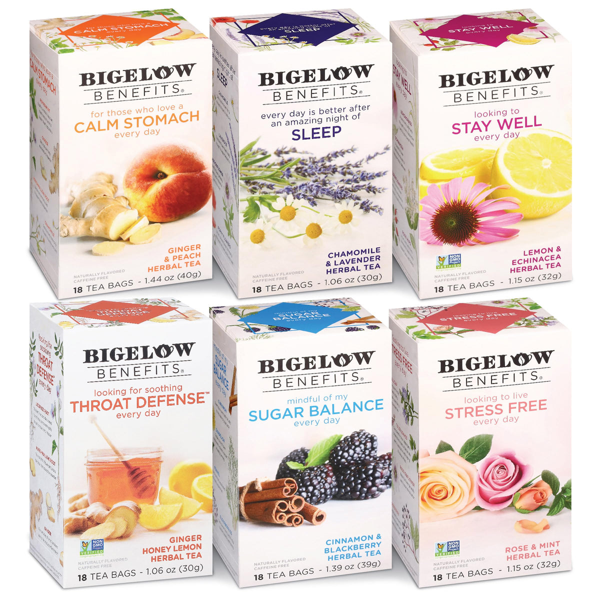 Bigelow Benefits Wellness Teas Variety Pack – Mixed Green Matcha & Herbal Teas (108 Bags, Pack of 6)