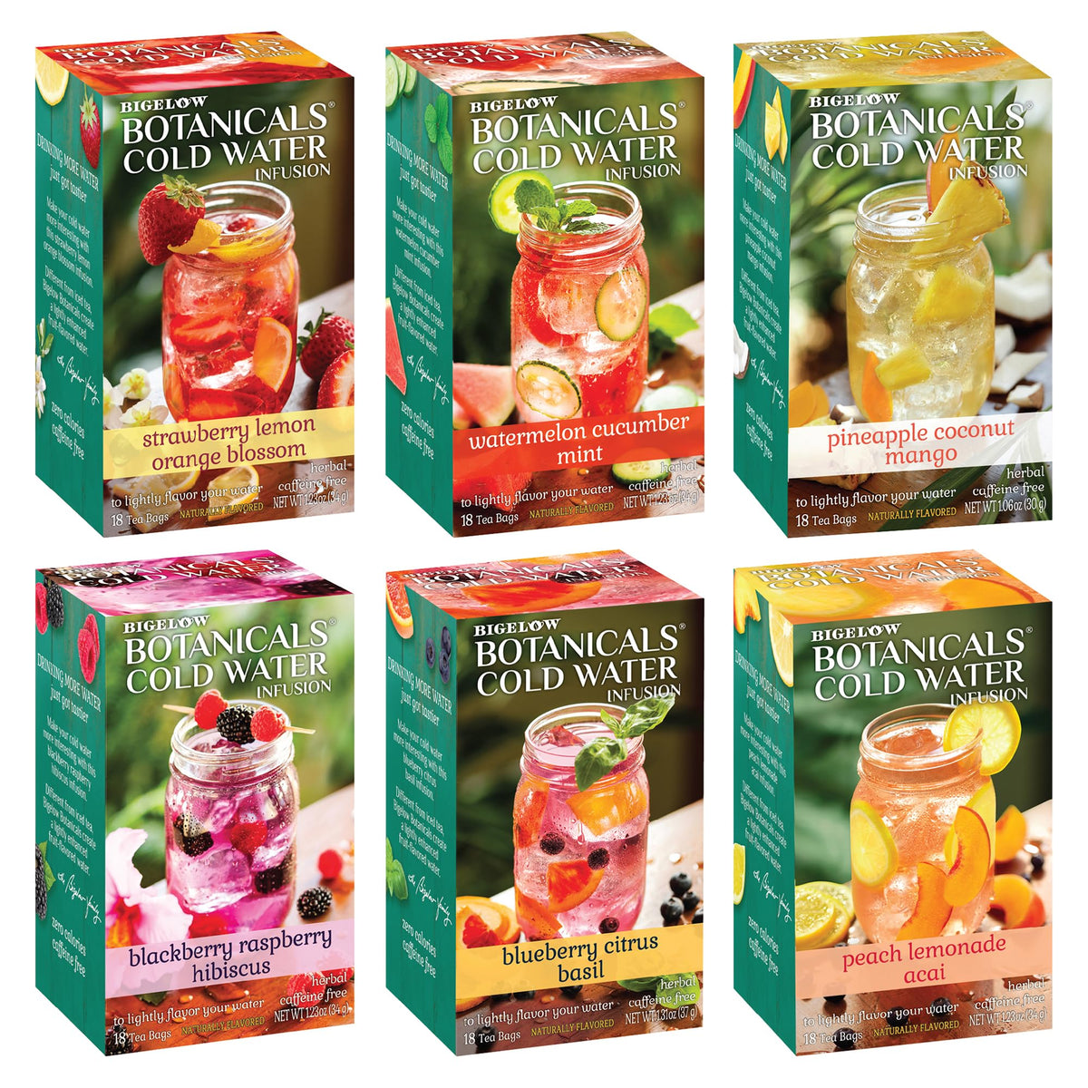 Bigelow Botanicals Cold Water Infusion Herbal Variety Pack – 108 Caffeine-Free Tea Bags (6 Flavors)