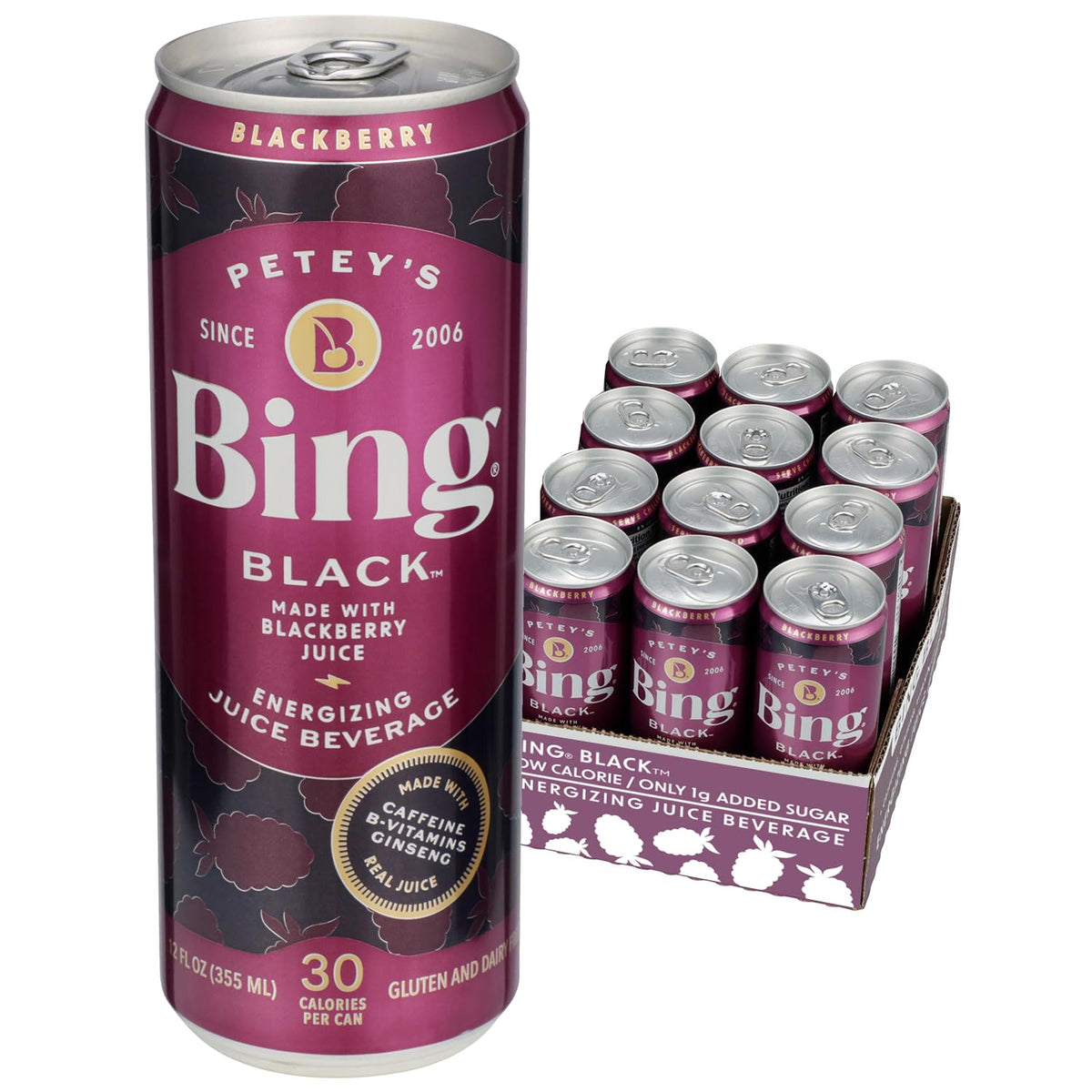 Bing Black 12oz Cans – Blackberry & Ginseng Energy Drink (12-Pack)