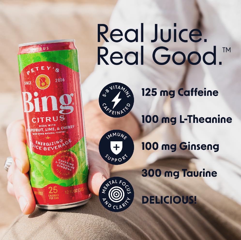 Bing Citrus Energizing Juice Beverage – Grapefruit & Lime, 12oz Cans (12pk) | Real Juice, Low Sugar, Caffeine + L-Theanine