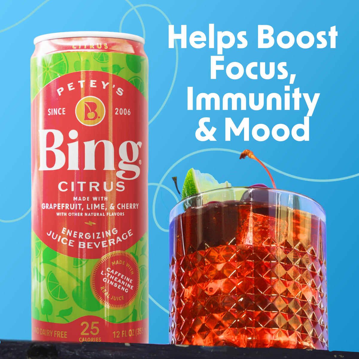 Bing Citrus Energizing Juice Beverage – Grapefruit & Lime, 12oz Cans (12pk) | Real Juice, Low Sugar, Caffeine + L-Theanine