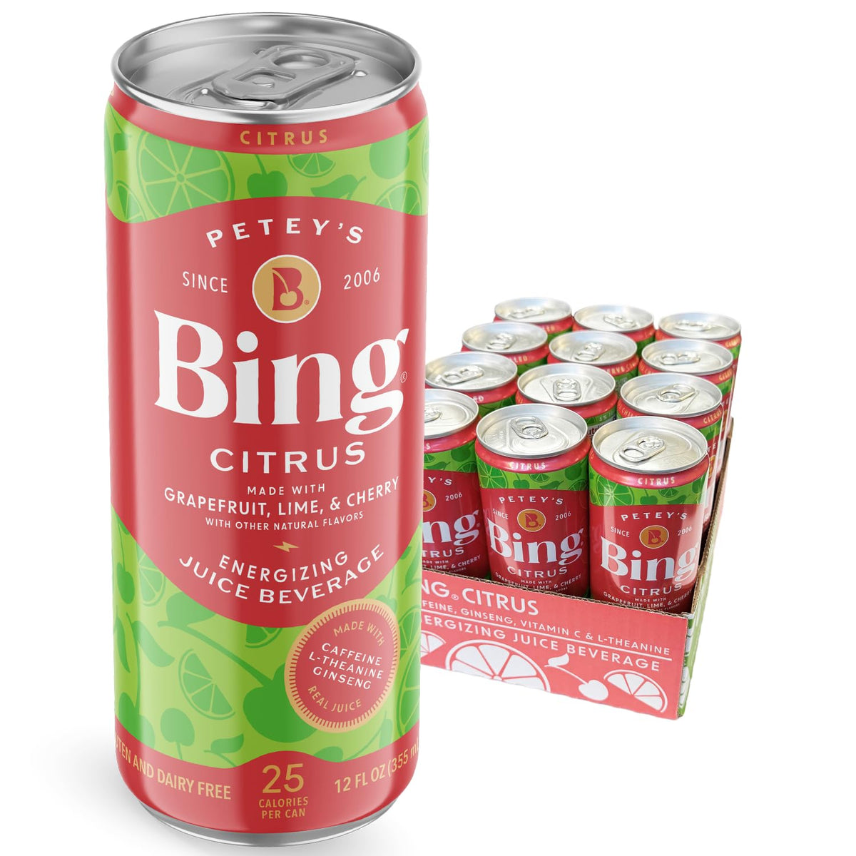 Bing Citrus Energizing Juice Beverage – Grapefruit & Lime, 12oz Cans (12pk) | Real Juice, Low Sugar, Caffeine + L-Theanine
