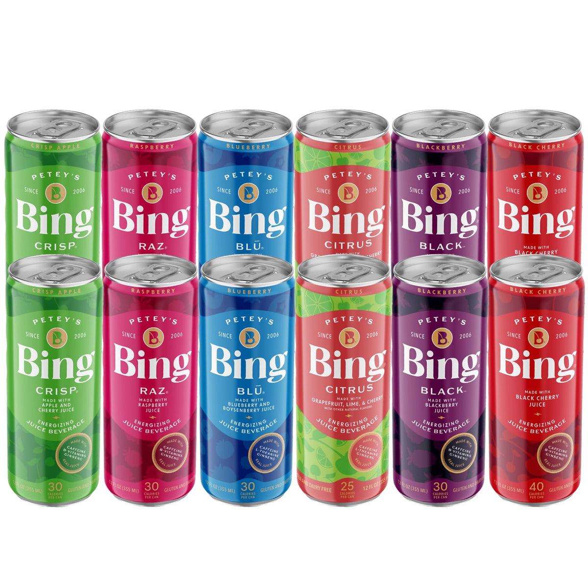 BING Energizing Juice Beverage – Variety Pack (12oz/12pk) – 6 Flavors, Real Juice, Caffeine, Vegan