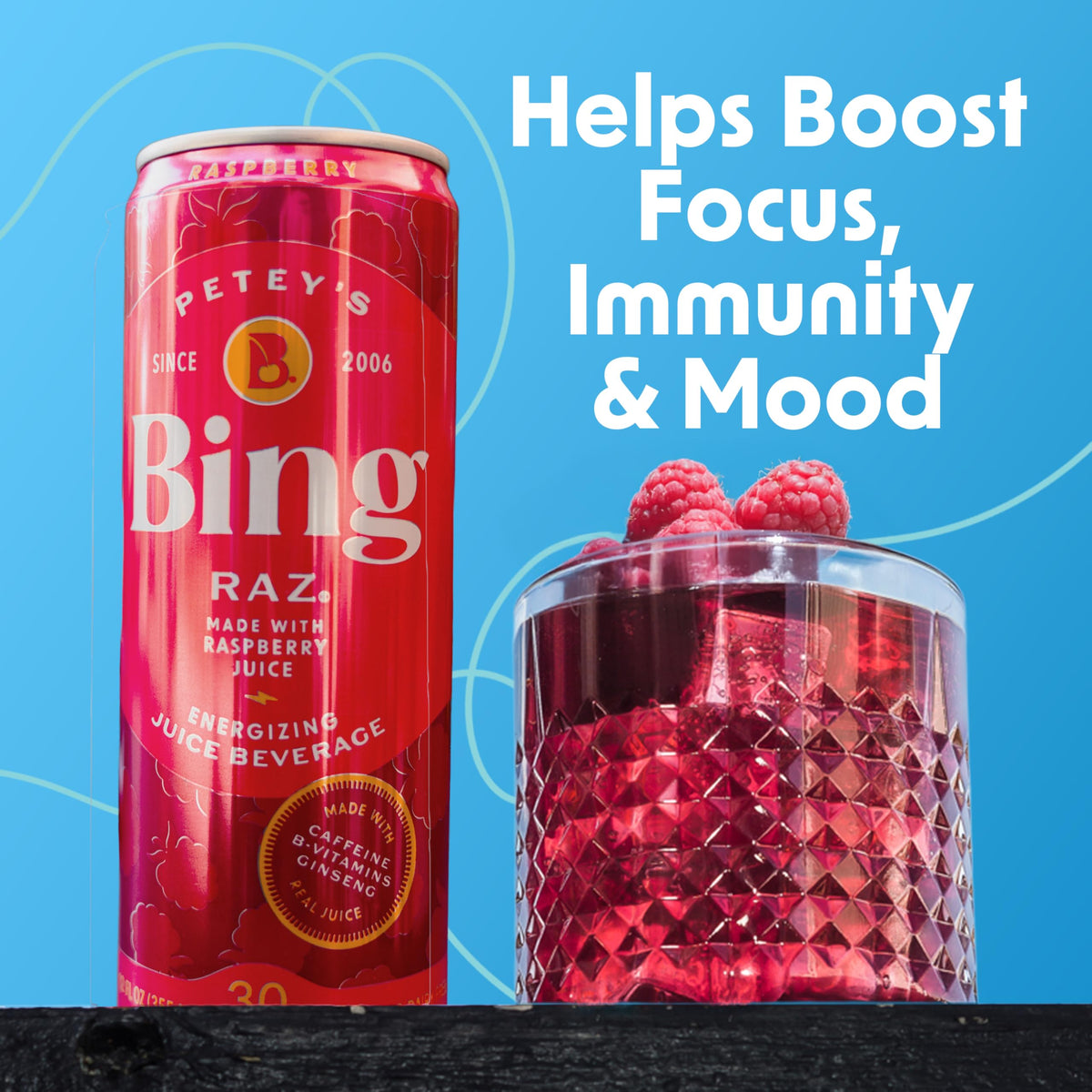 BING RAZ Raspberry Energizing Juice Beverage – 12oz Cans (12-Pack) | Real Juice, 100mg Caffeine, 1g Added Sugar, 30 Calories, 5 B-Vitamins & Ginseng | Vegan, Gluten Free