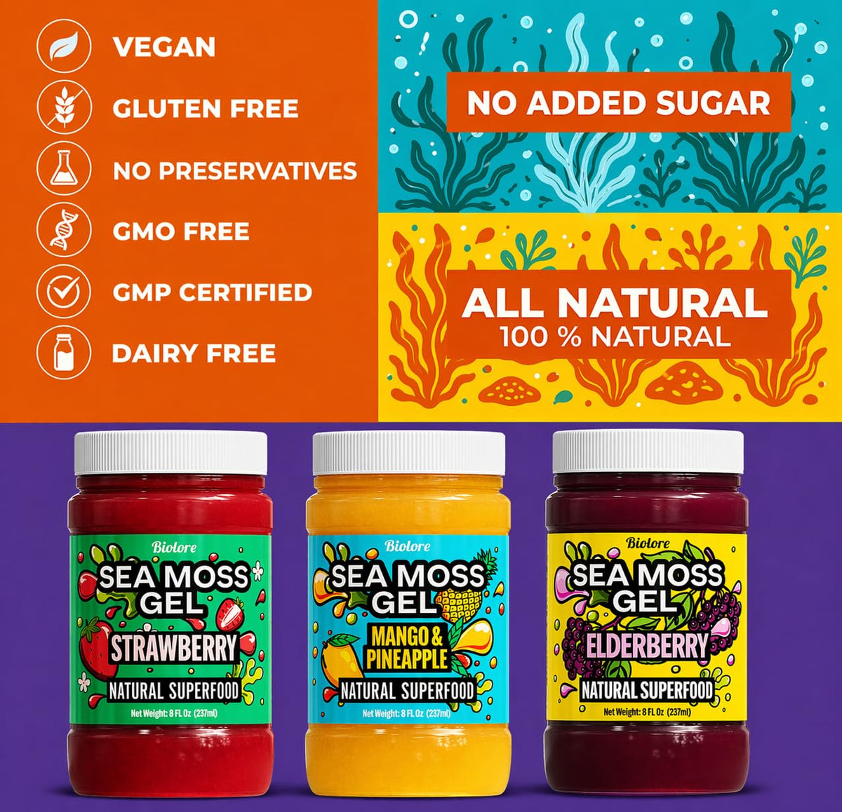 Biolore Sea Moss Gel Set of 3 – 24oz Total | Mango-Pineapple, Elderberry & Strawberry – Wildcrafted, Vegan, Made in USA