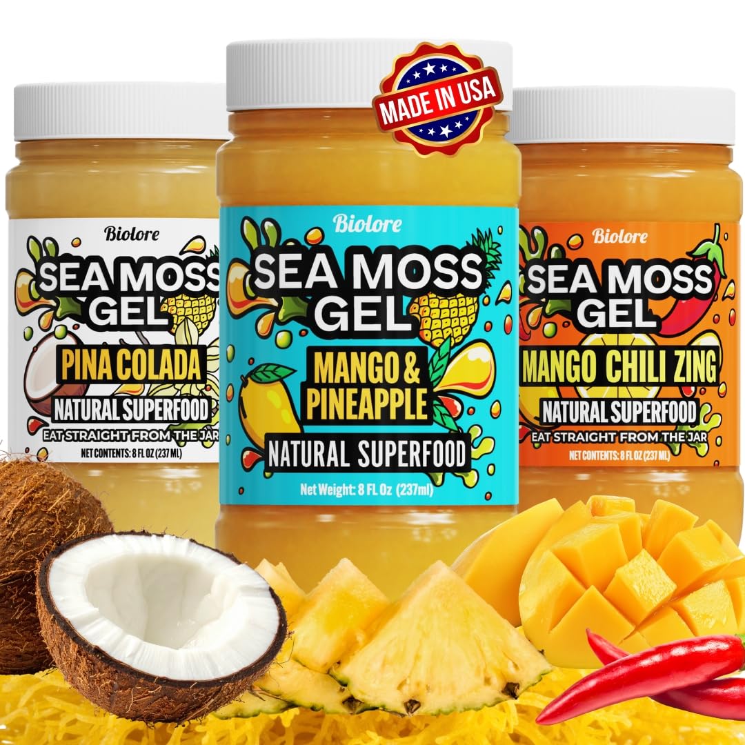 Biolore Sea Moss Gel Set of 3 – Mango-Pineapple, Pina Colada & Mango Chili | 24oz Vegan, Made in USA