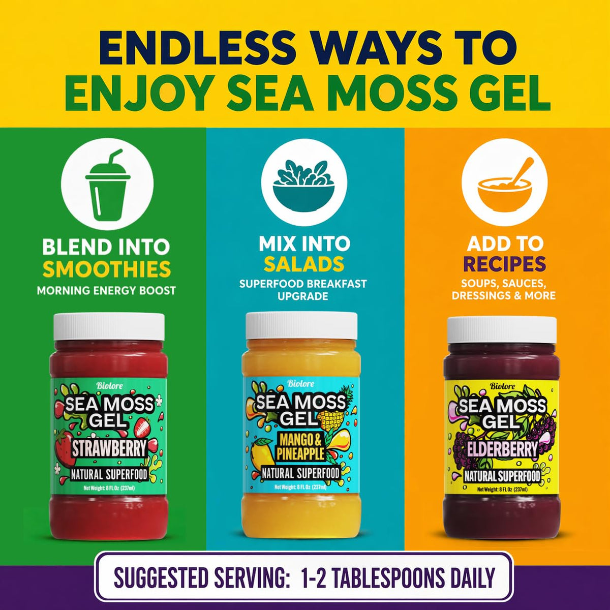 Biolore Sea Moss Gel Set of 3 – 24oz Total | Mango-Pineapple, Elderberry & Strawberry – Wildcrafted, Vegan, Made in USA
