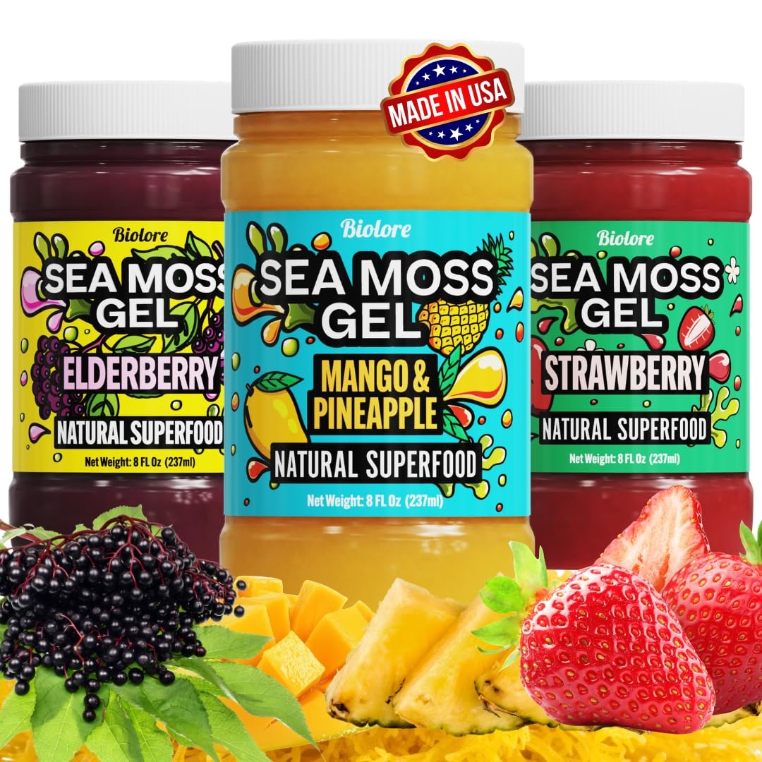 Biolore Sea Moss Gel Set of 3 – 24oz Total | Mango-Pineapple, Elderberry & Strawberry – Wildcrafted, Vegan, Made in USA