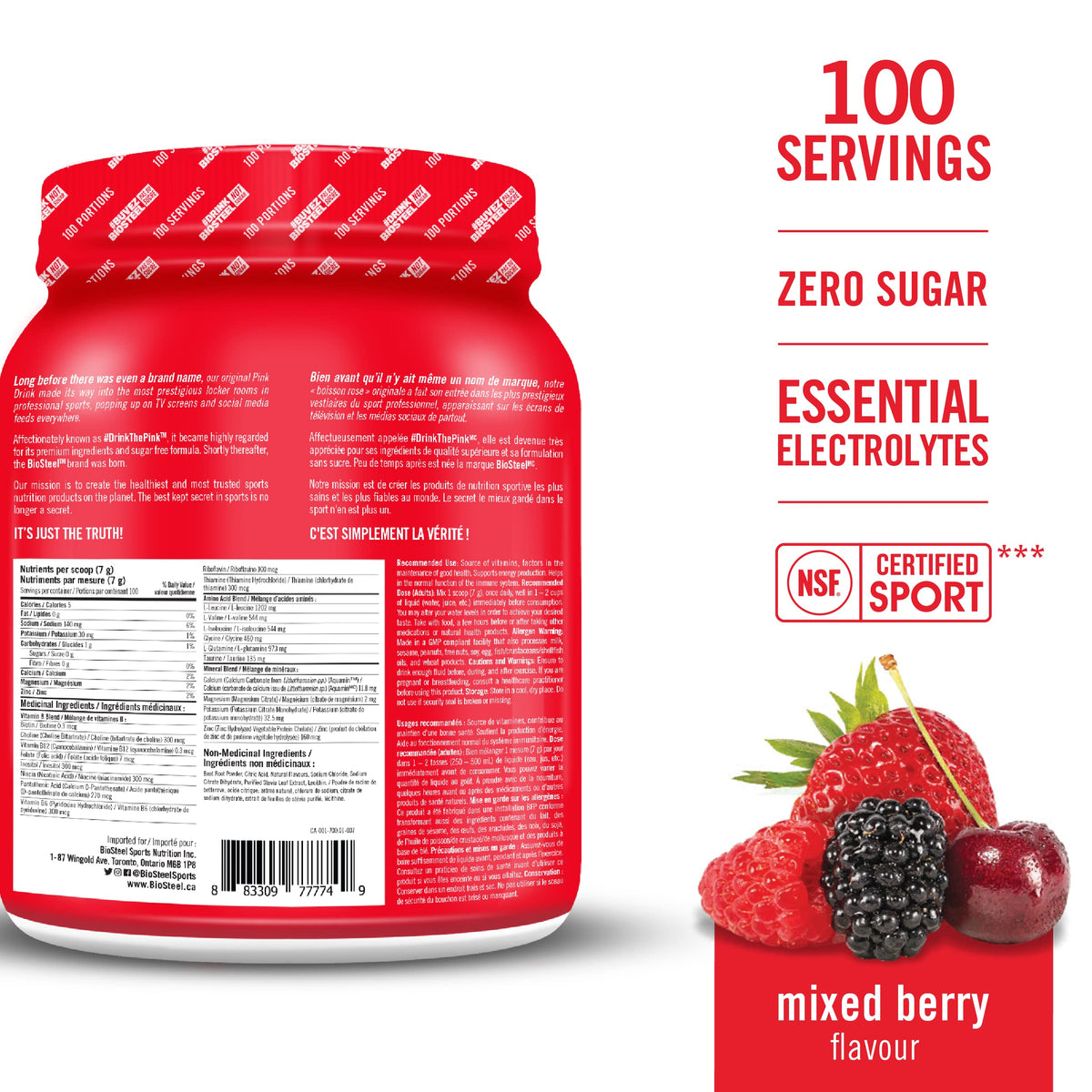 BioSteel Zero Sugar Hydration Mix – Berry, 100 Servings, 5 Electrolytes