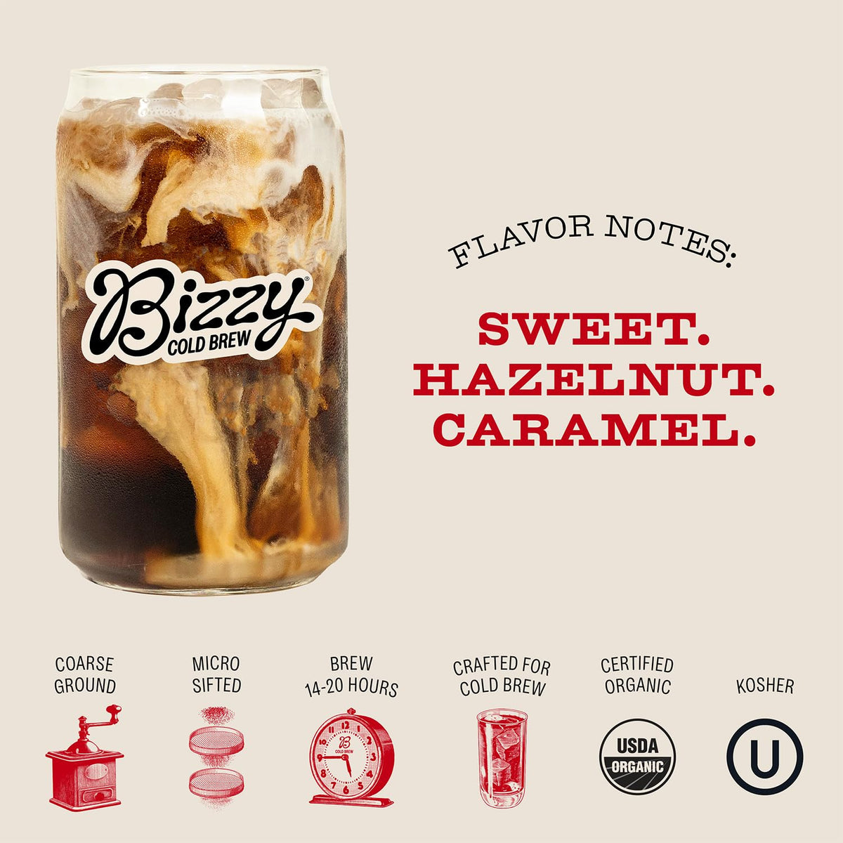 Bizzy Organic Cold Brew Coffee — Medium Roast, 100% Arabica, 12 Brew Bags (Makes 42 Cups)