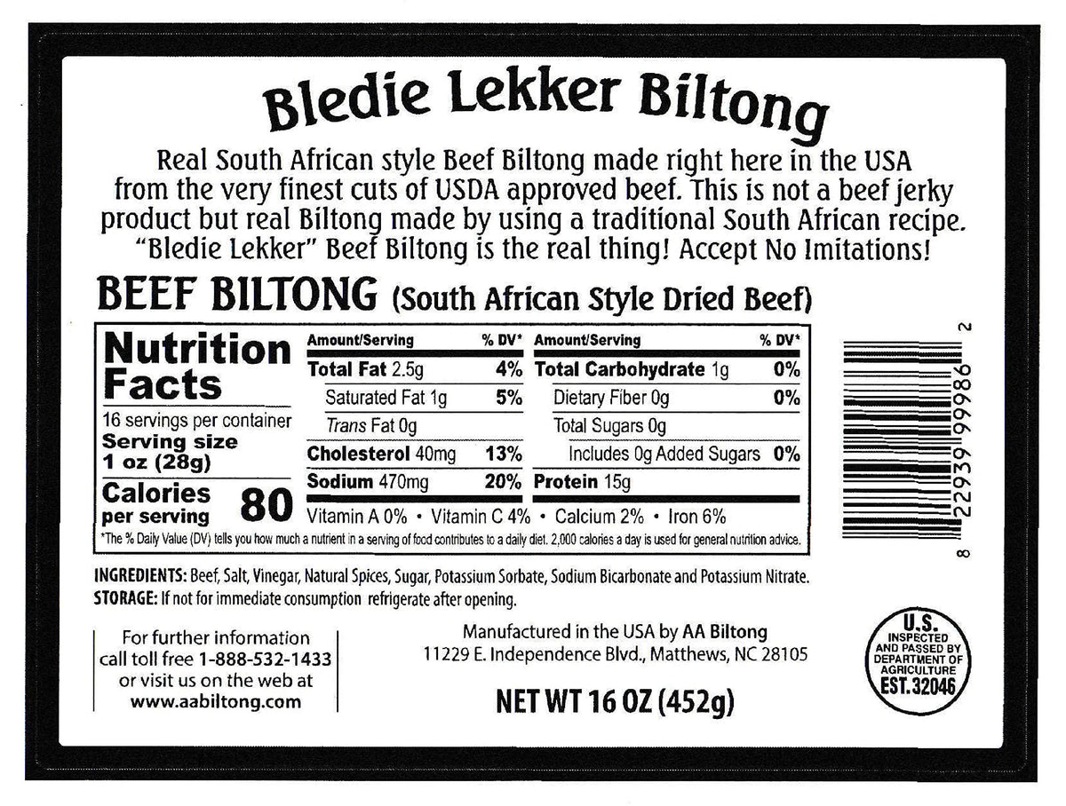 Bledie Lekker® Sliced Beef Biltong 16oz – USA Made, USDA Certified, Resealable Bag