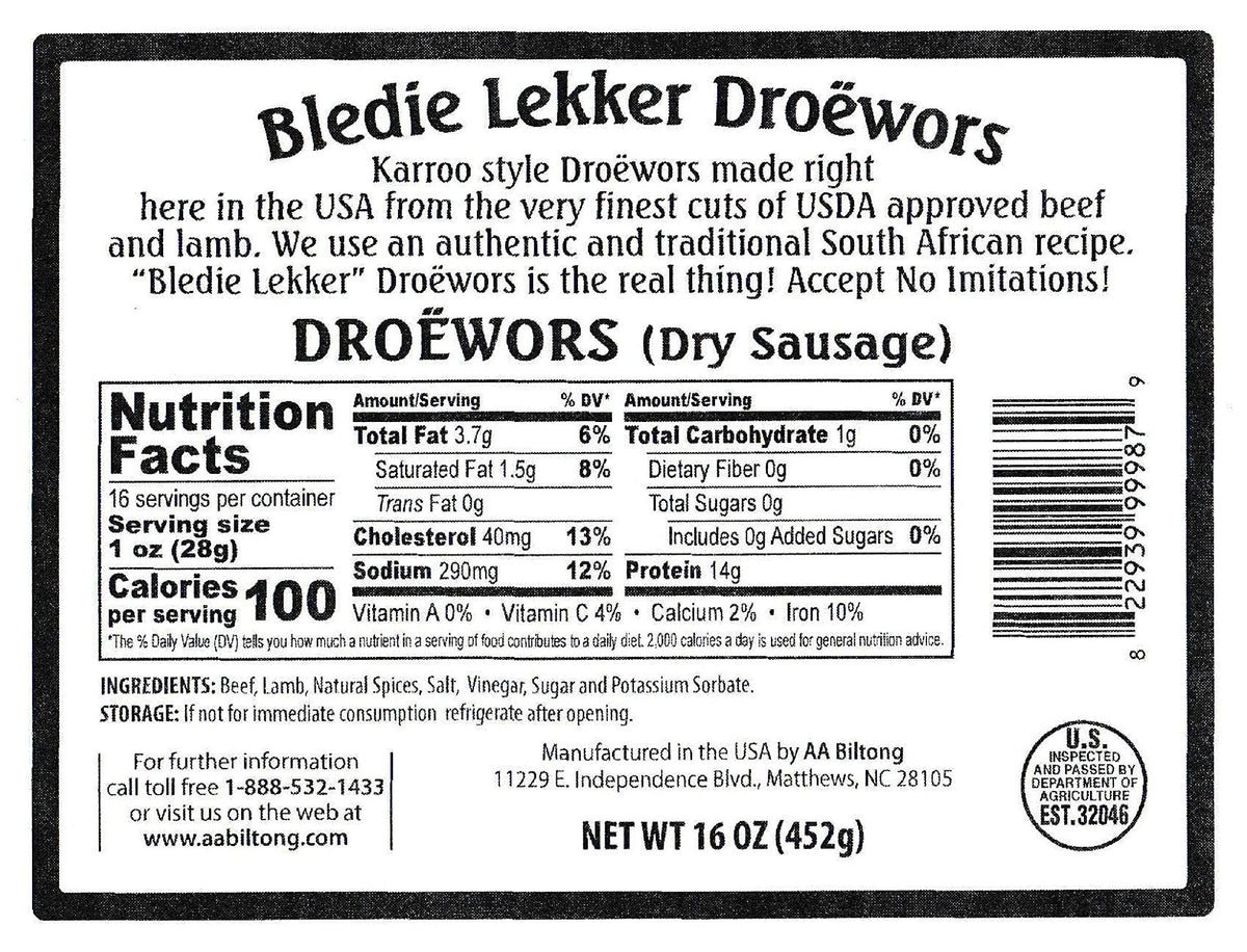 Bledie Lekker Droewors – One Pound Resealable Bag (16 oz) | USA Made