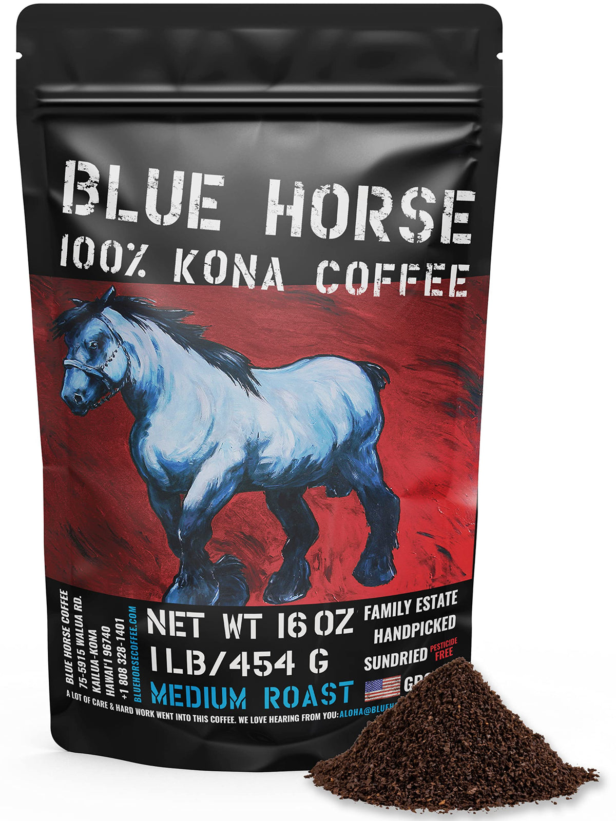 Blue Horse 100% Kona Coffee (Ground) – Medium Roast, 16 oz, USA Made