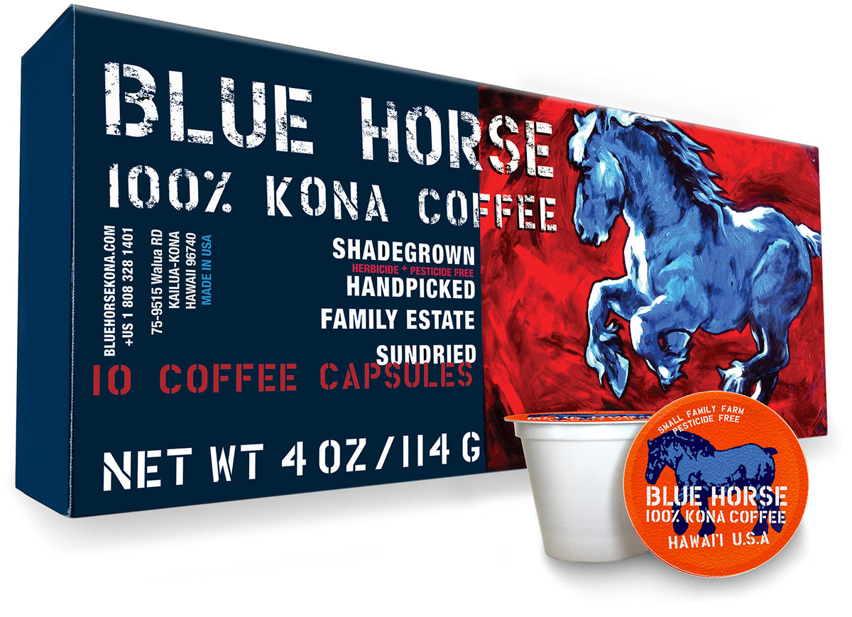 Blue Horse Kona Coffee Pods - 100% Kona, Medium Roast, 10ct, Keurig 2.0 Compatible, Farm-Fresh Arabica from Hawaii