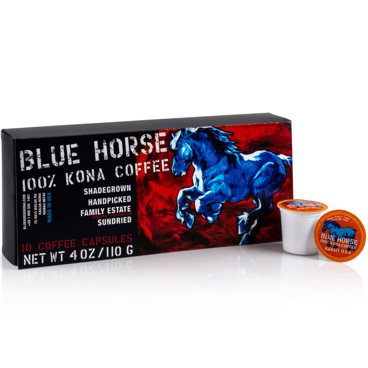 Blue Horse Kona Coffee Pods - 100% Kona, Medium Roast, 10ct, Keurig 2.0 Compatible, Farm-Fresh Arabica from Hawaii