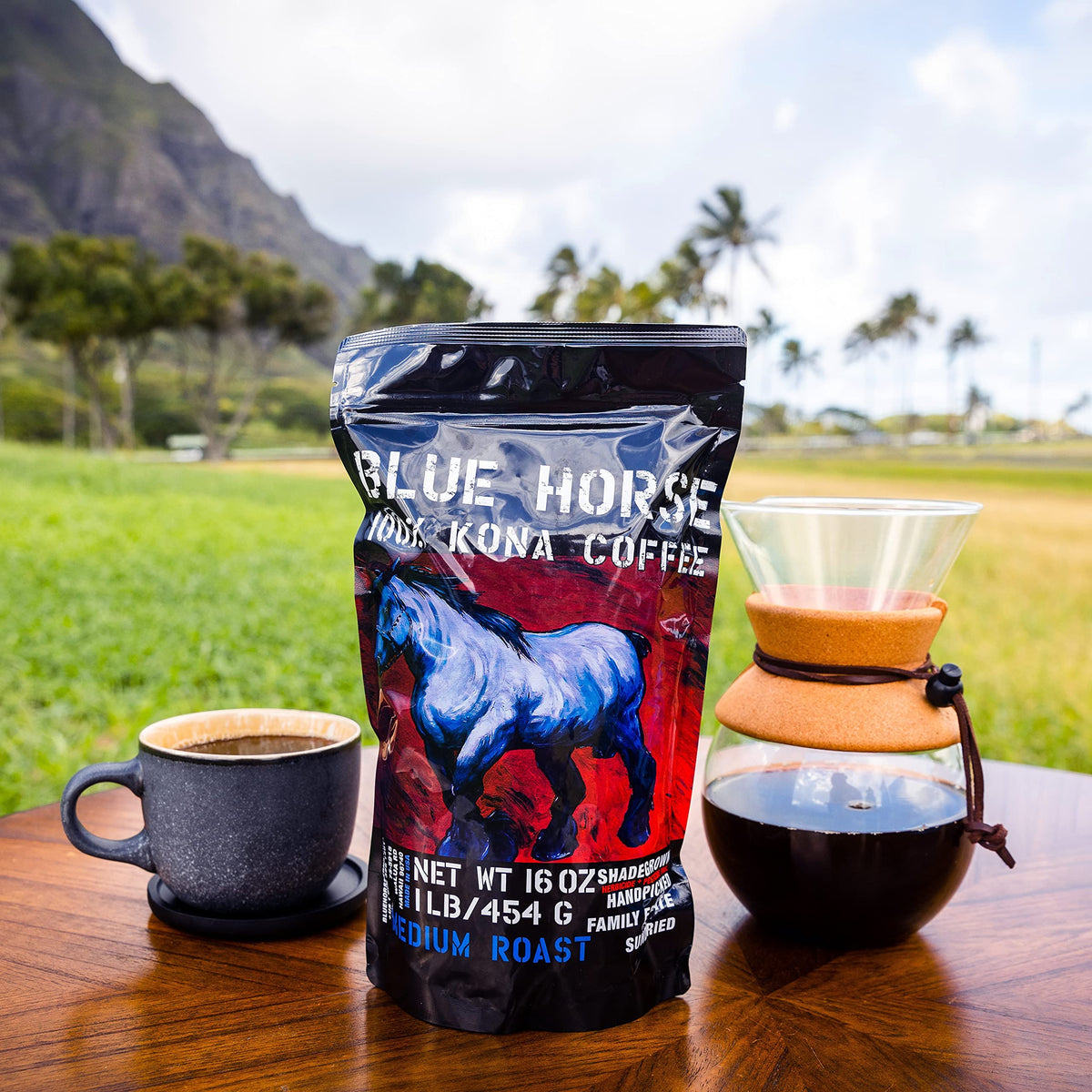 Blue Horse 100% Kona Coffee (Ground) – Medium Roast, 16 oz, USA Made