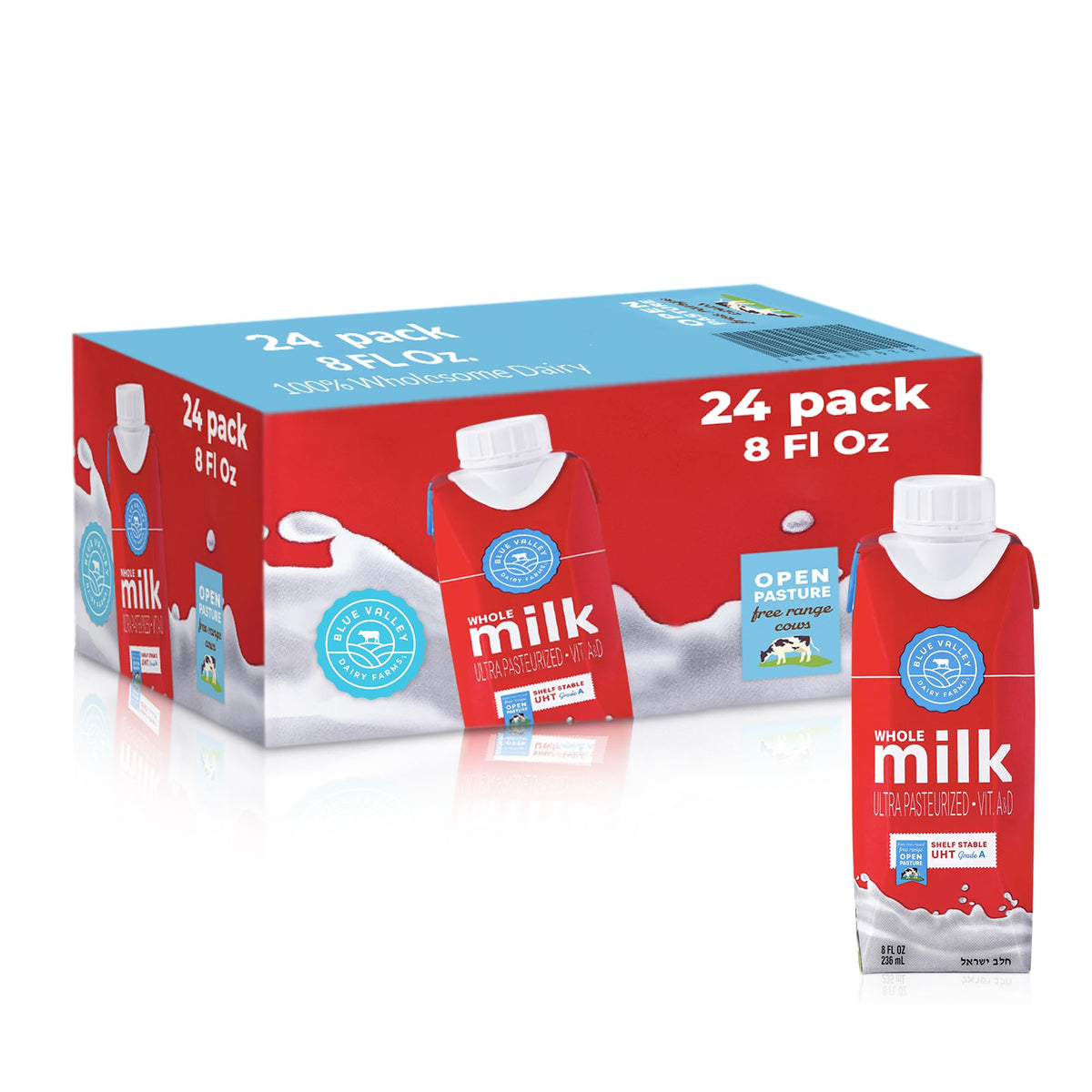 Blue Valley Shelf-Stable Whole Milk Boxes with Vitamin D – 8oz, 24 Pack, Cholov Yisroel Kosher