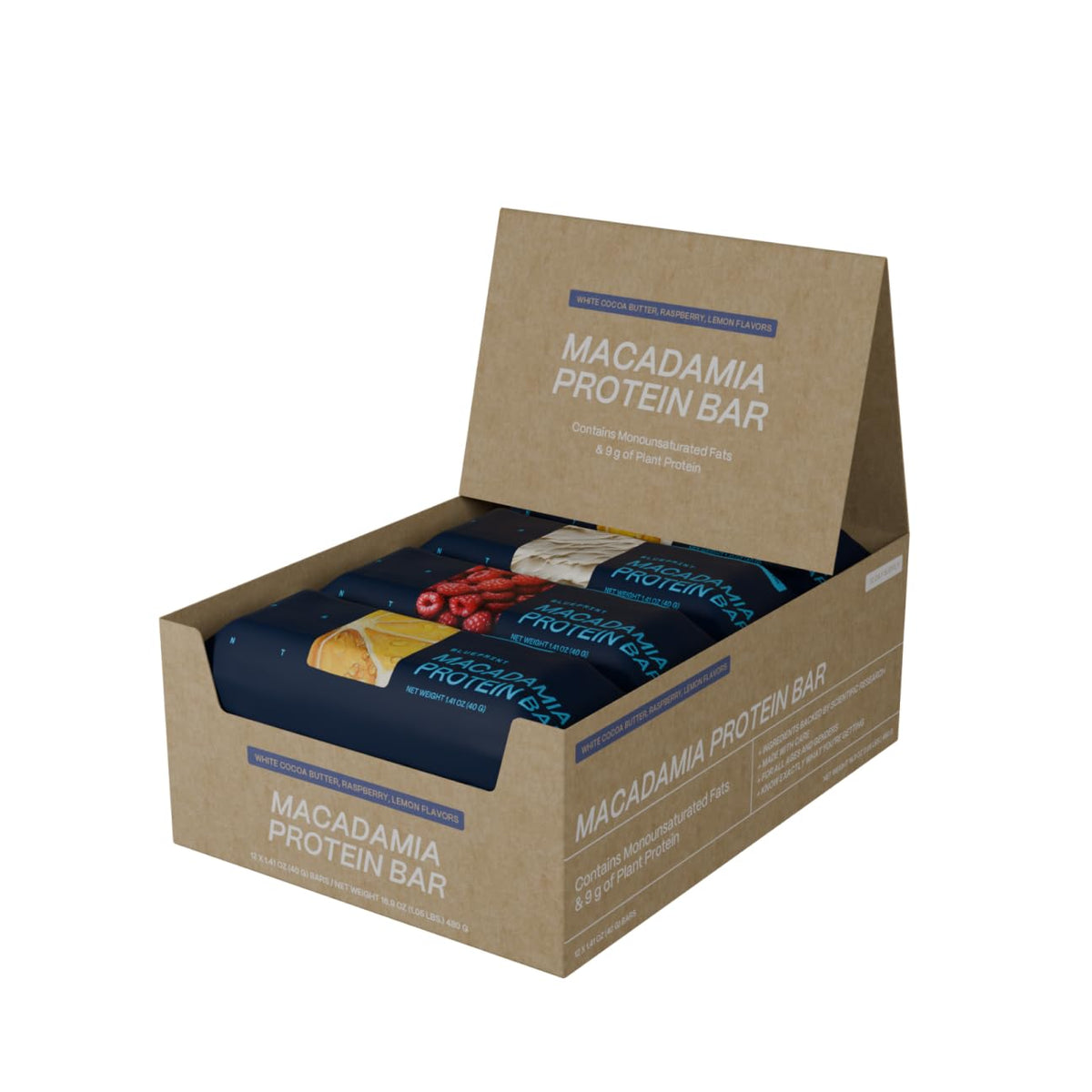 Blueprint Bryan Johnson Macadamia Nut Bars – 12 Pack Lemon White Cocoa & Raspberry | Vegan, Low Sugar, Keto