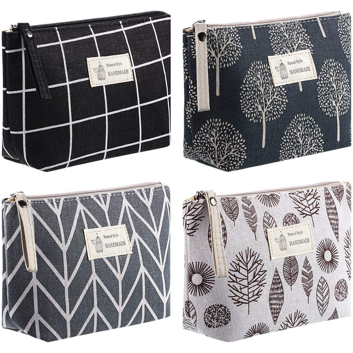 Boao 4 Pcs Small Cosmetic Bags for Purse,Small,Arrow, Plaid, Tree, Leave