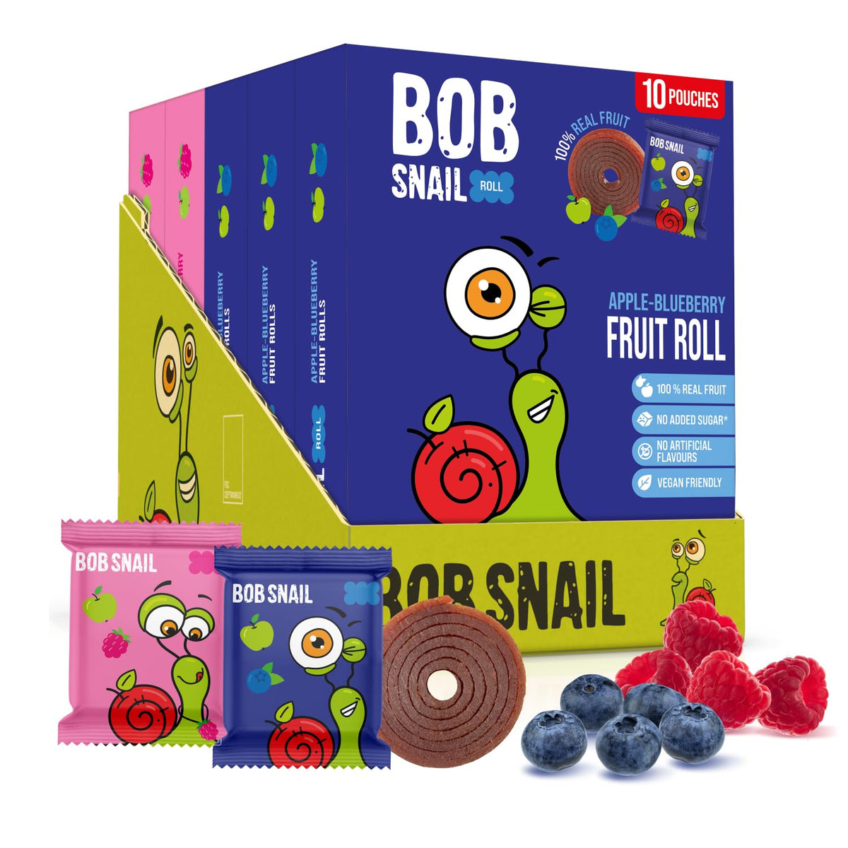Bob Snail Fruit Roll Ups – 50 Natural Fruit Snacks (Blueberry & Raspberry), Vegan, No Added Sugar, 500g