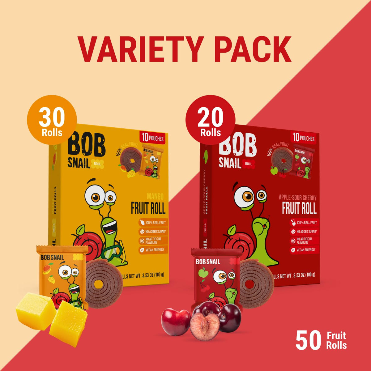 Bob Snail Fruit Roll Ups – 50 Natural Fruit Snacks (Mango & Sour Cherry) | Vegan, No Added Sugar, 500g