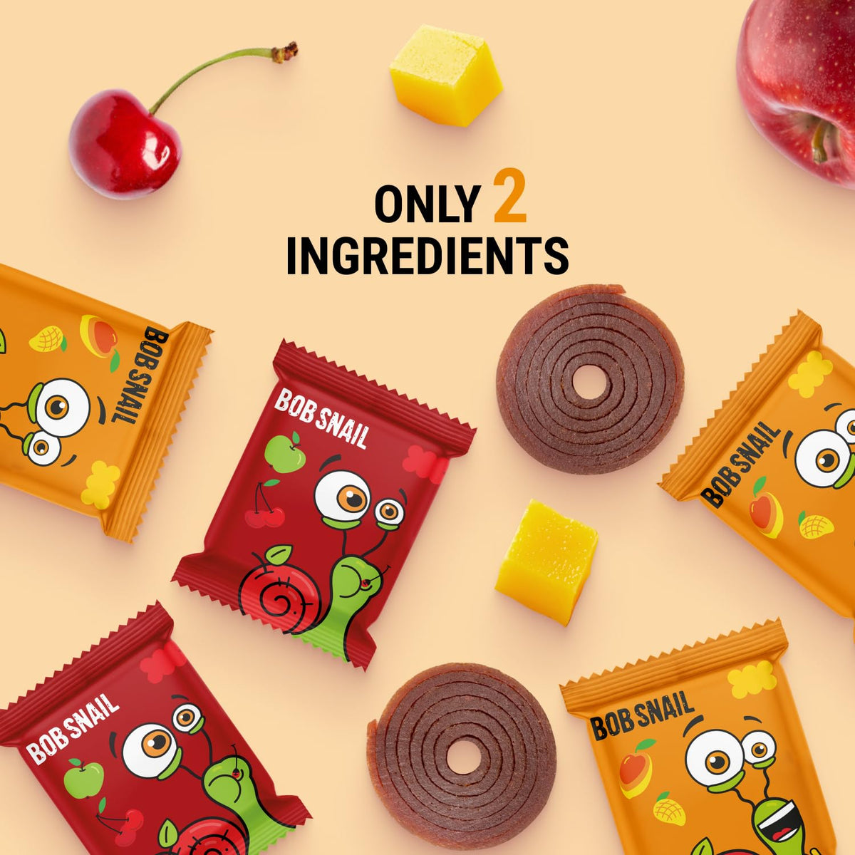 Bob Snail Fruit Roll Ups – 50 Natural Fruit Snacks (Mango & Sour Cherry) | Vegan, No Added Sugar, 500g