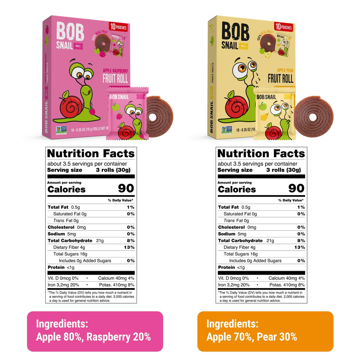 Bob Snail Fruit Roll Ups – 50 Natural Fruit Snacks (Pear & Raspberry), Vegan, 500g