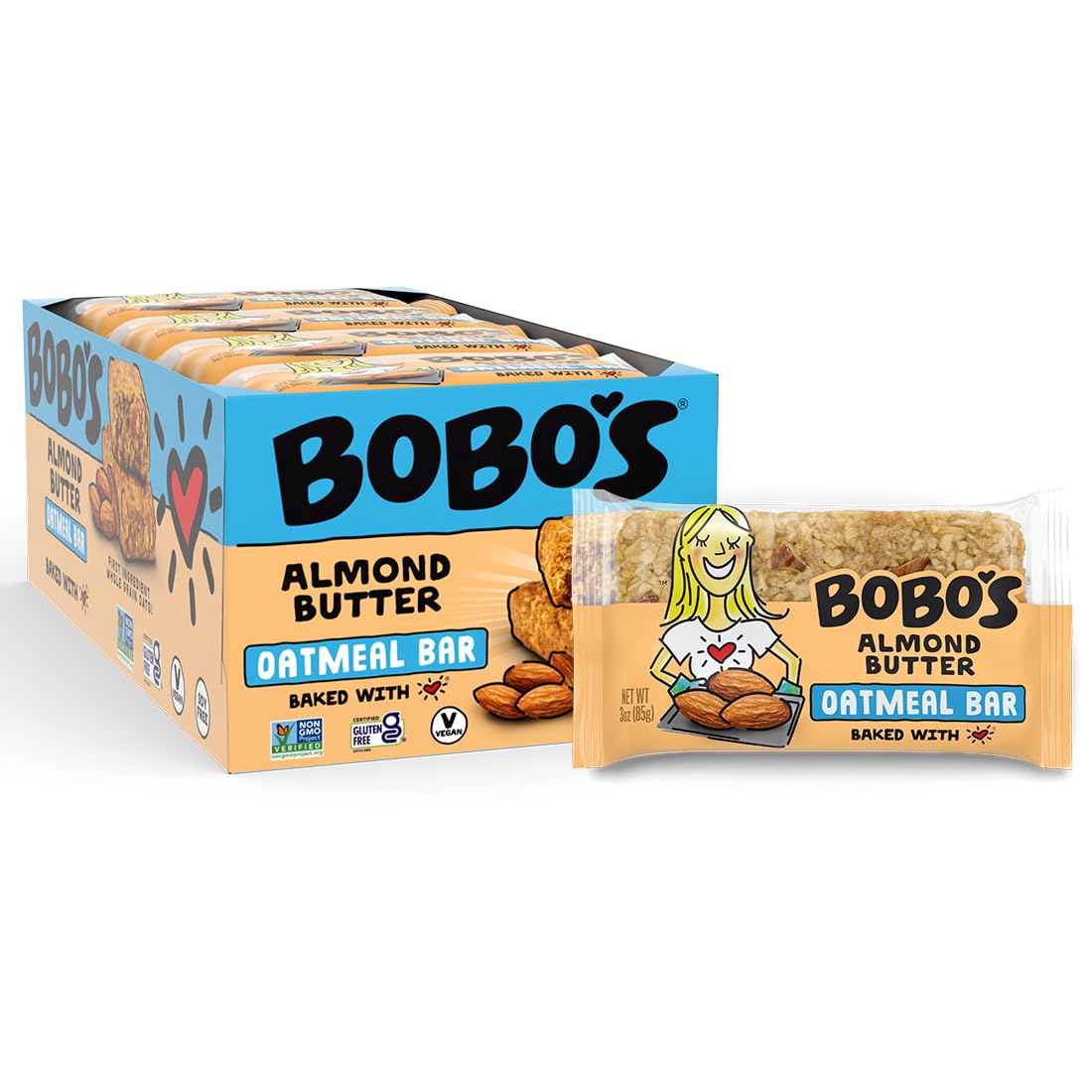 Bobo's Almond Butter Oat Bars – Gluten Free, Plant-Based Snack (12 Bars)
