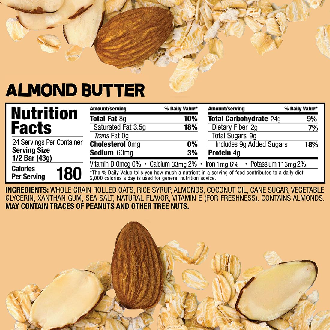 Bobo's Almond Butter Oat Bars – Gluten Free, Plant-Based Snack (12 Bars)