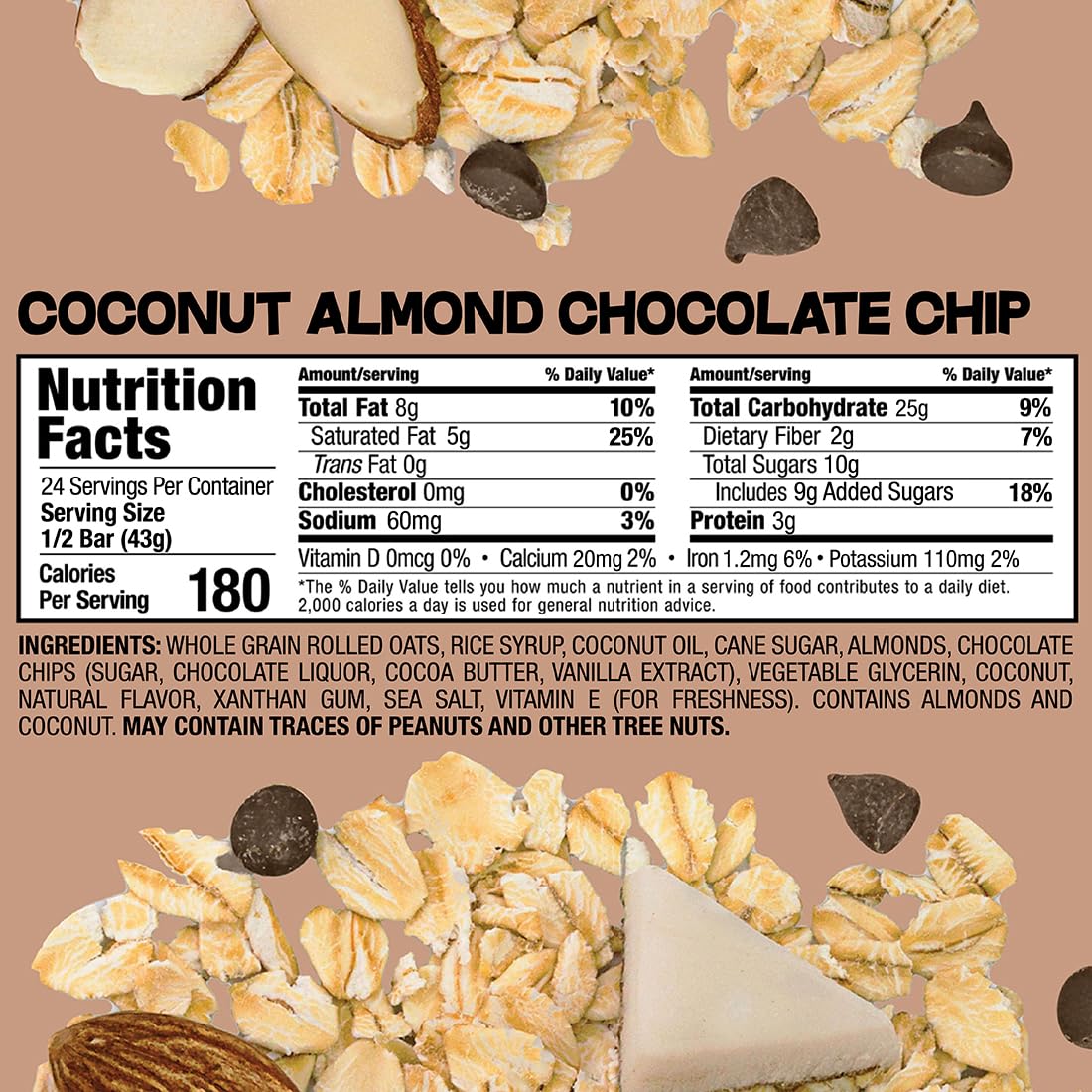 Bobo's Coconut Almond Chocolate Chip Oat Bars – Gluten Free, Plant-Based, Non-GMO (12 Bars)