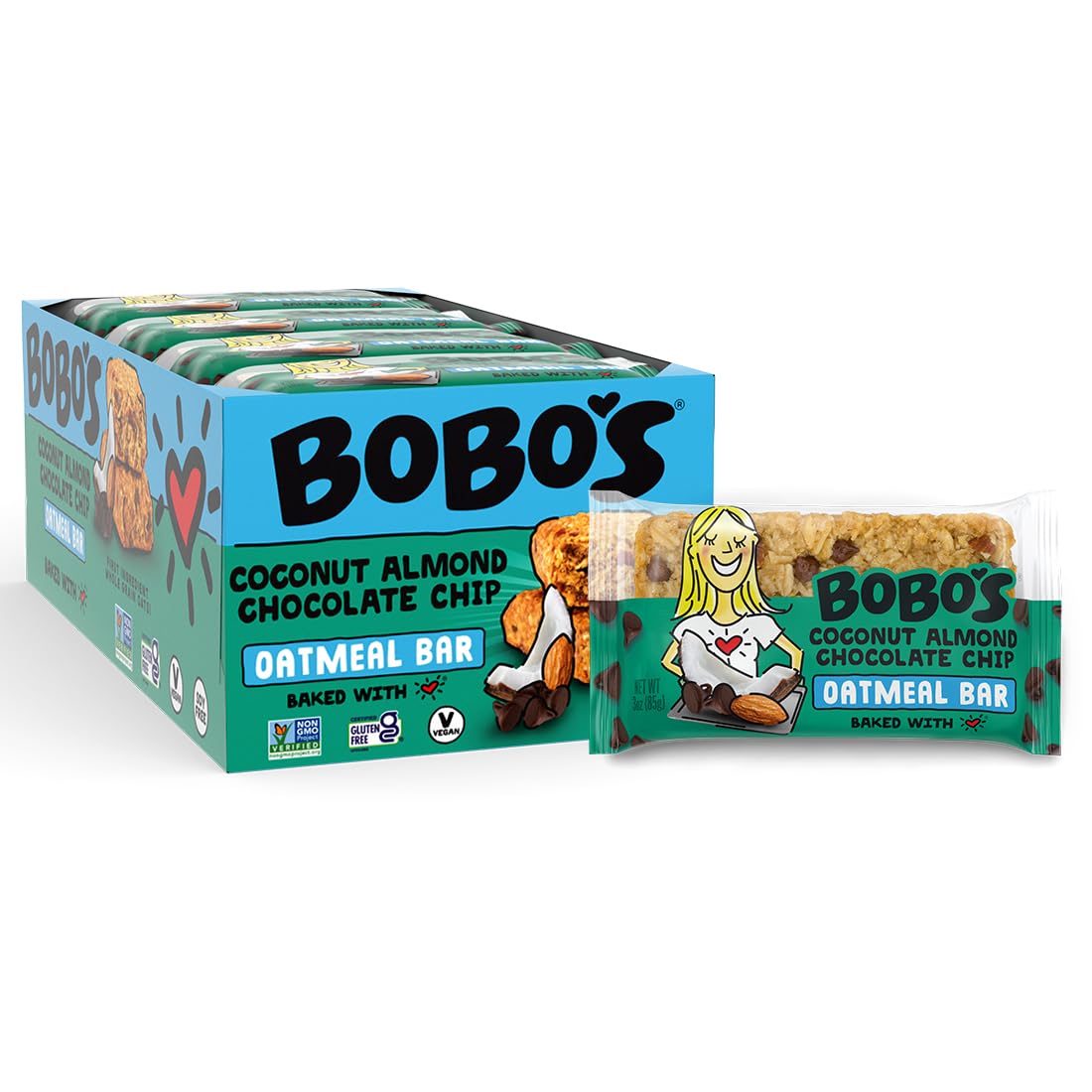Bobo's Coconut Almond Chocolate Chip Oat Bars – Gluten Free, Plant-Based, Non-GMO (12 Bars)